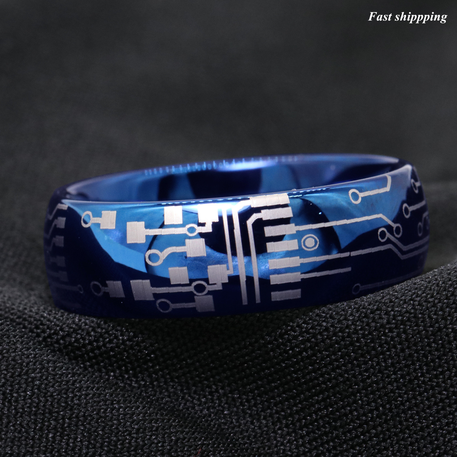 8mm Shiny Blue Dome Tungsten Carbide Ring Laser Circuit Board ATOP Men’s Jewelry
