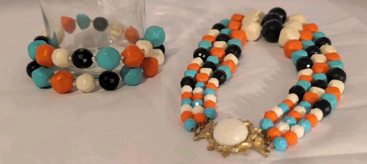 Vintage Multi-Color MCM 3 Strand Beaded Necklace & Single Strand Wrap Bracelet