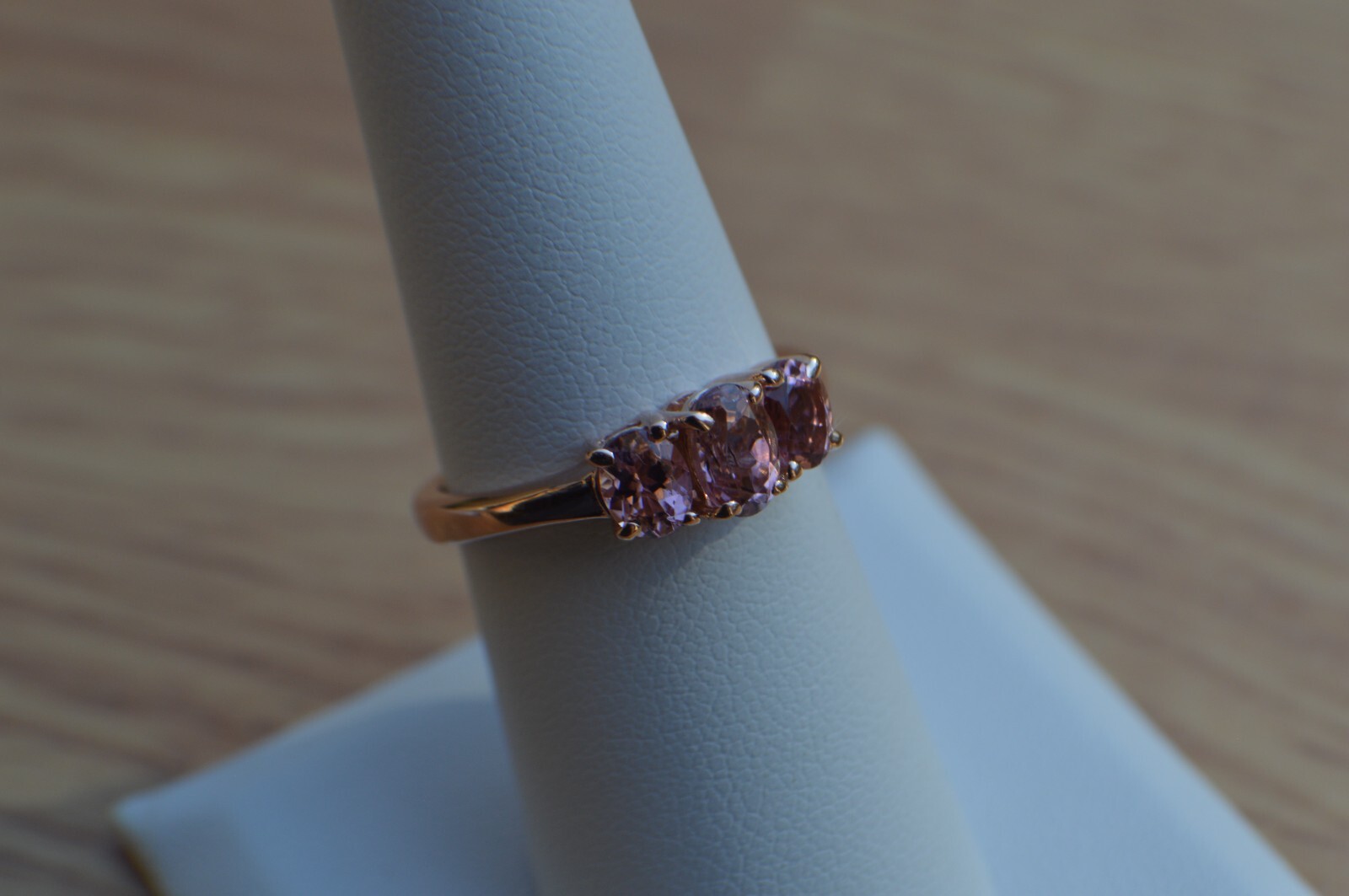 1.35ct Blush Tourmaline Three Stone Ring 18K Rose Gold over Fine Silver Size 7