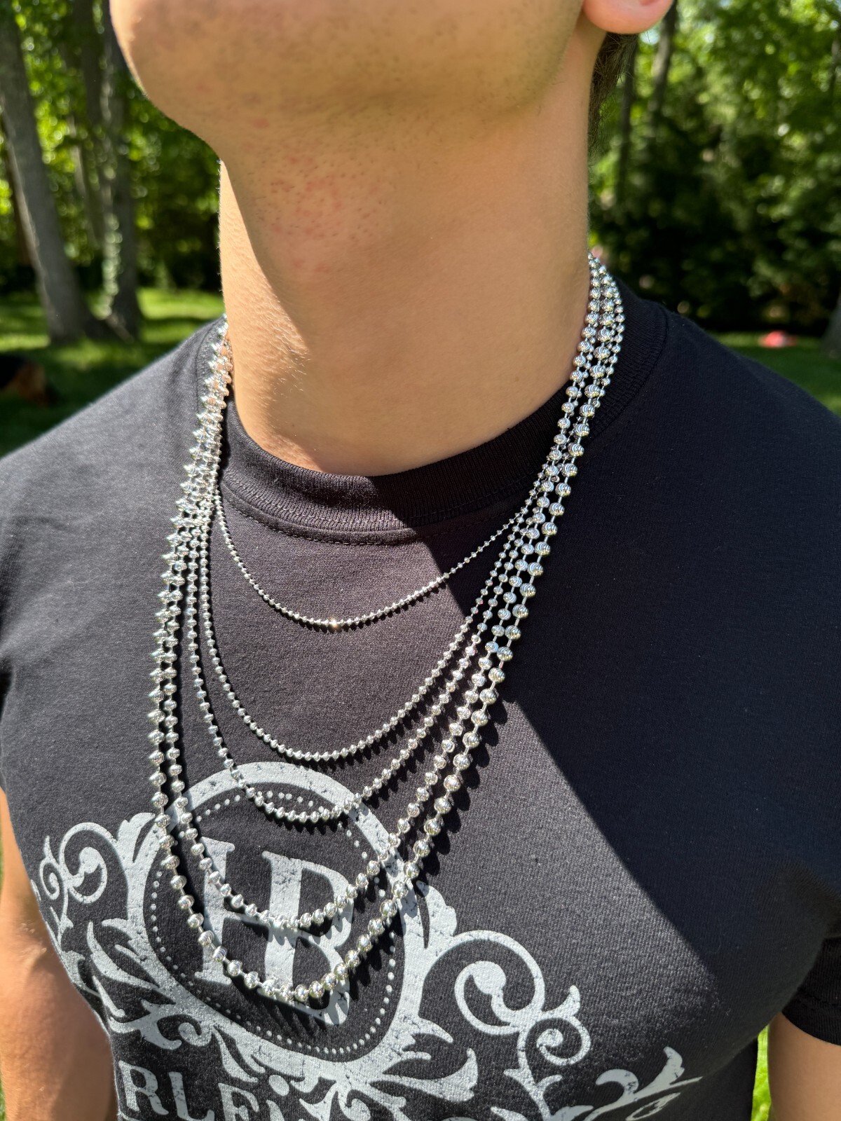 Ball Moon Chain Necklace SOLID 925 Silver Rhodium Finish Hip Hop Diamond Cut