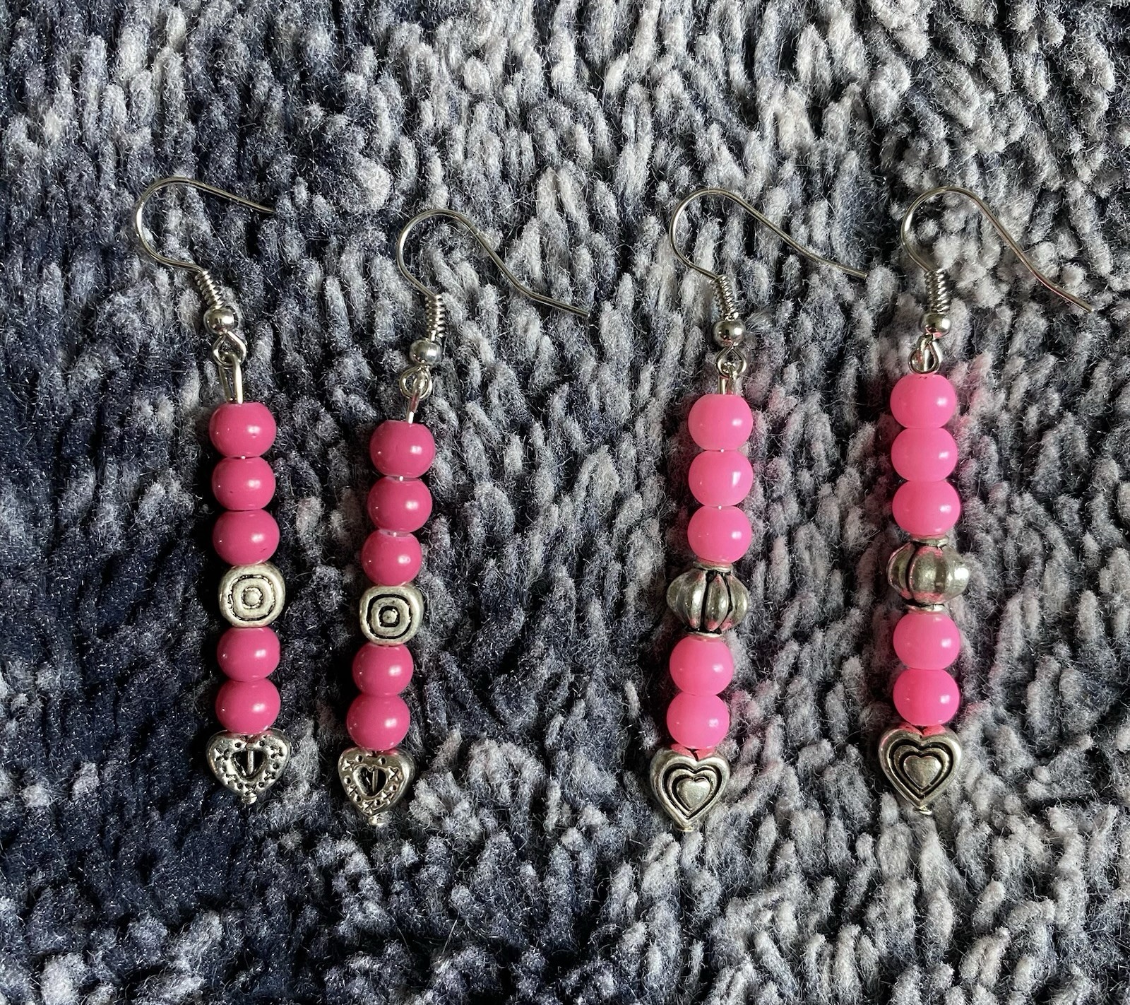 Handmade Pink & Silver Beaded Dangle Drop Earrings Set (2)