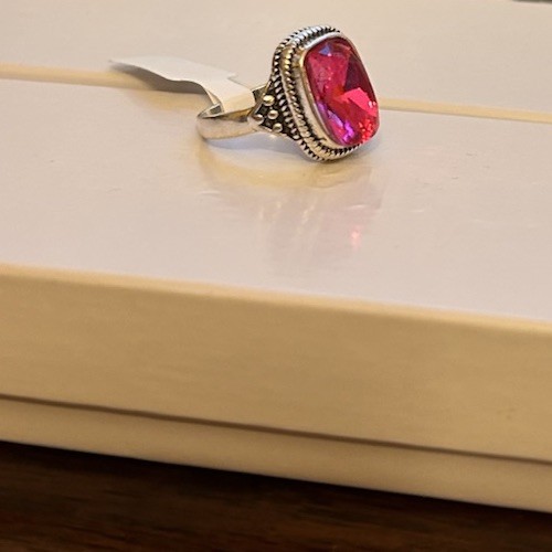 Size 7.5 Silver Tone And Ruby Red CZ Ring No Mark Solitaire Stone