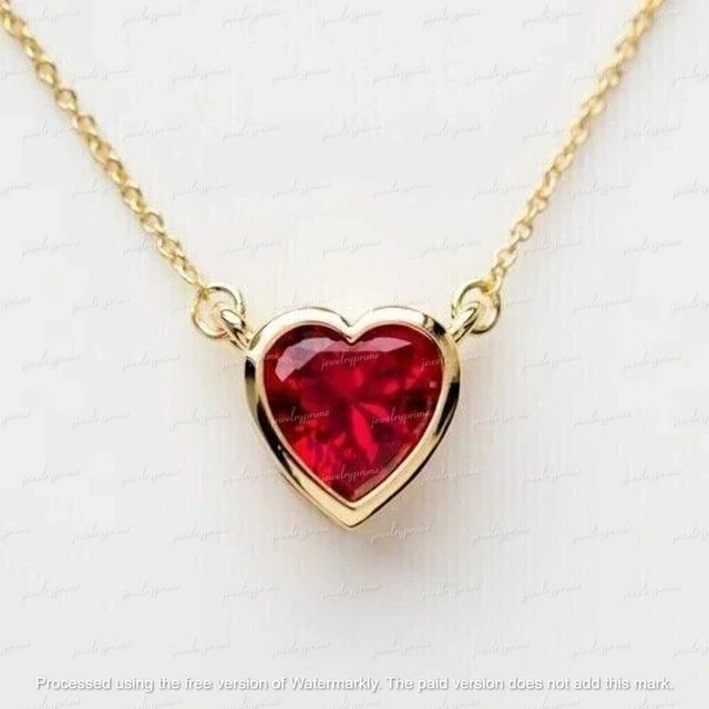 2Ct Heart Cut Lab Created Red Ruby Solitaire Pendant in 14K Yellow Gold Plated