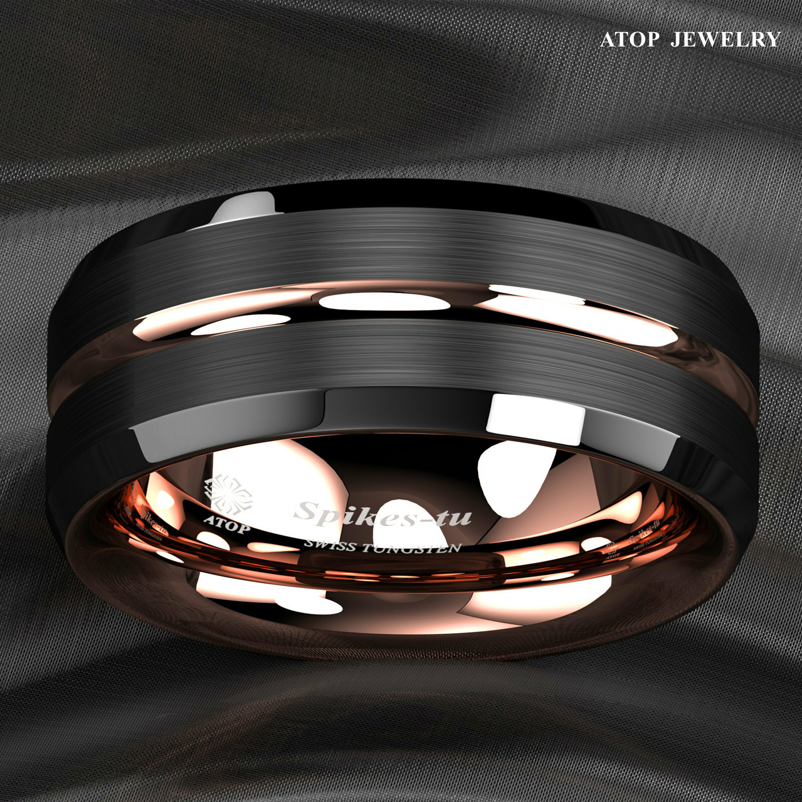 8mm Black Brushed Rose Gold Plated Metal Tungsten Ring ATOP Men Wedding Band