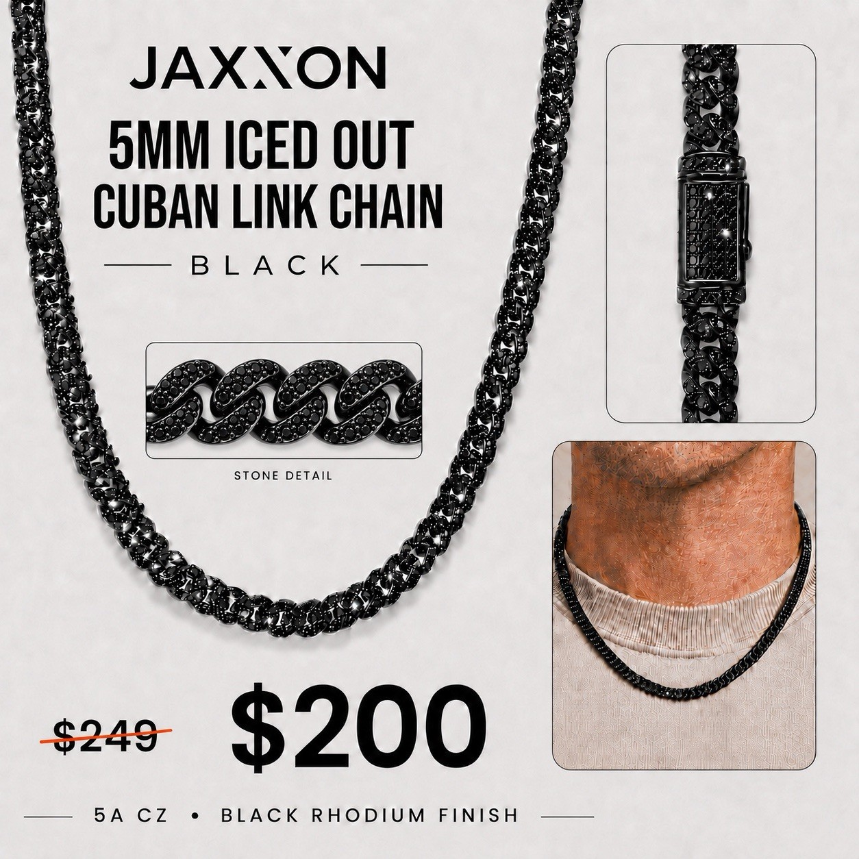JAXXON 5mm Black Iced Out Cuban Chain 22” Rhodium 5A CZ Box Clasp
