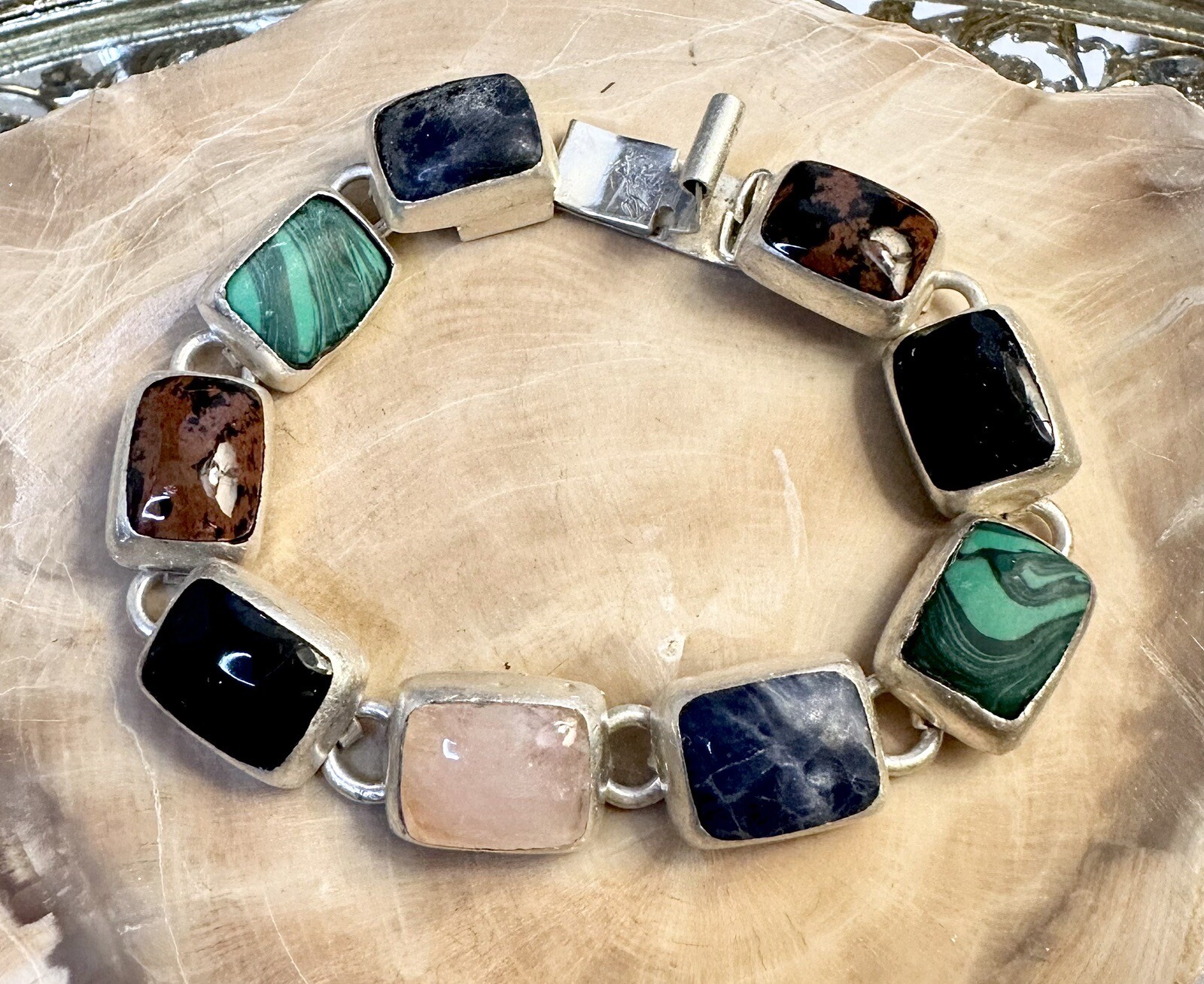 Vintage Mexico Rose Quartz Onyx Malachite Lapis + 925 Silver Bracelet 7 In