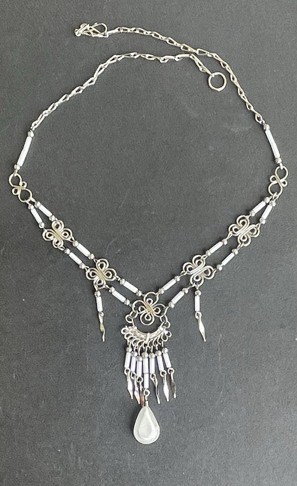 Peruvian White Glass Teardrop Necklace White Bugles Handmade Alpaca Silver Peru