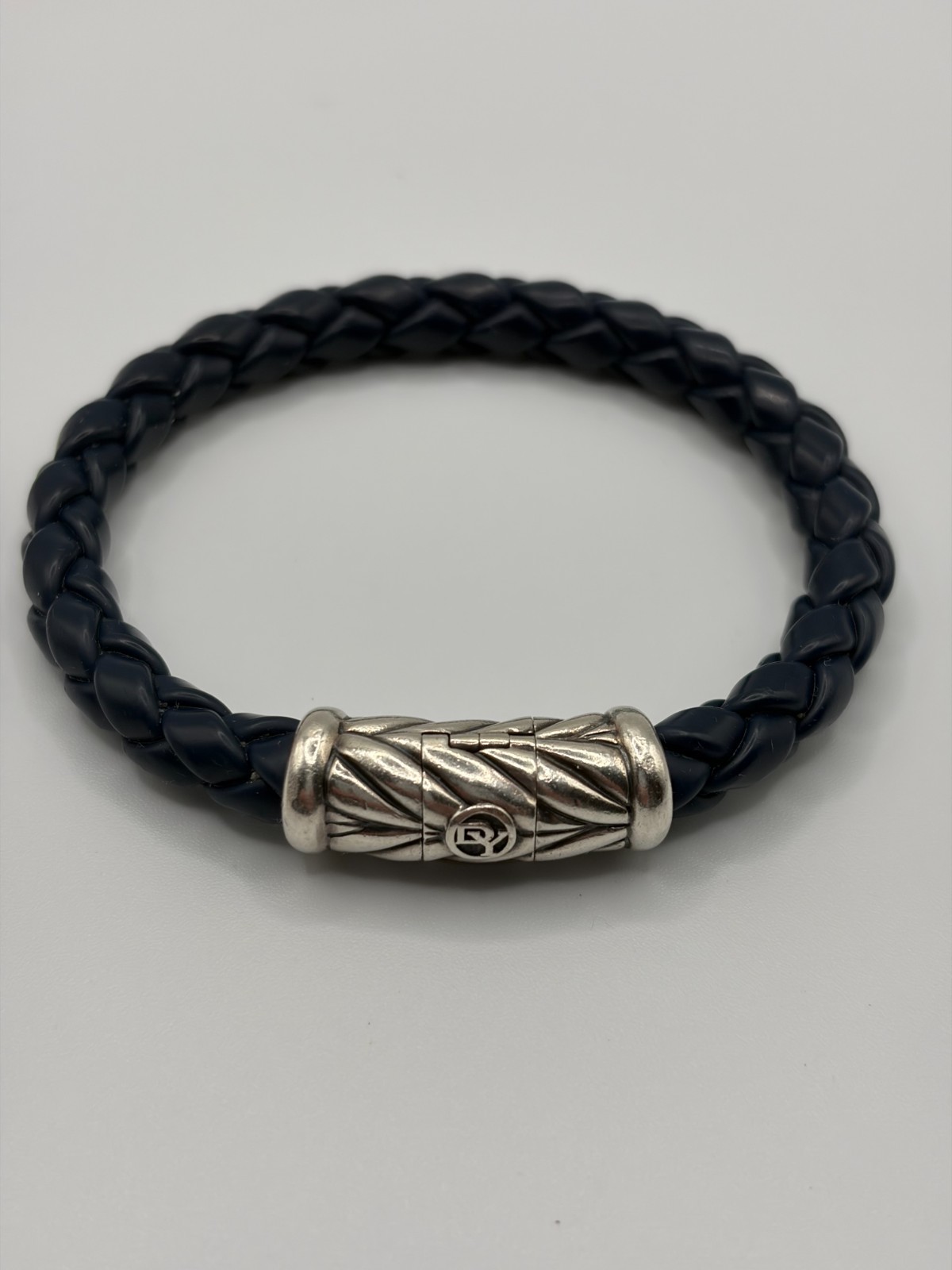 David Yurman Chevron Blue Rubber Sterling Silver Bracelet 7.5″ 8mm