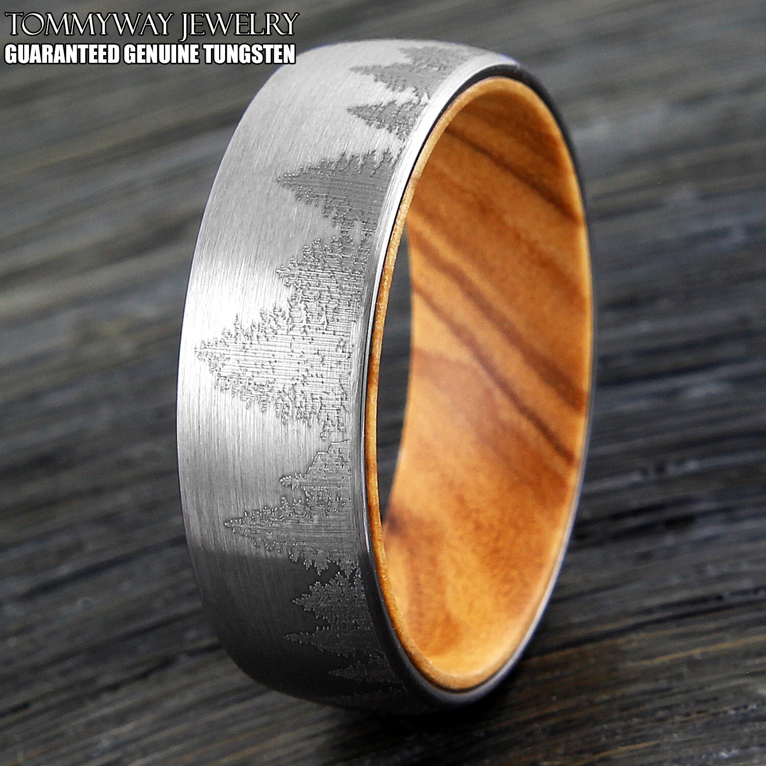 8mm Tungsten Men’s Forest Scenery w/ Olive Wood Sleeve Wedding Band Ring Jewelry