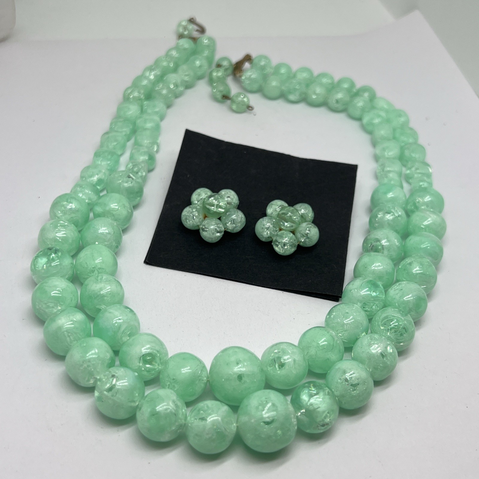 Vintage Double Strand Green Lucite 24.5”-26” Necklace & Clip Earring