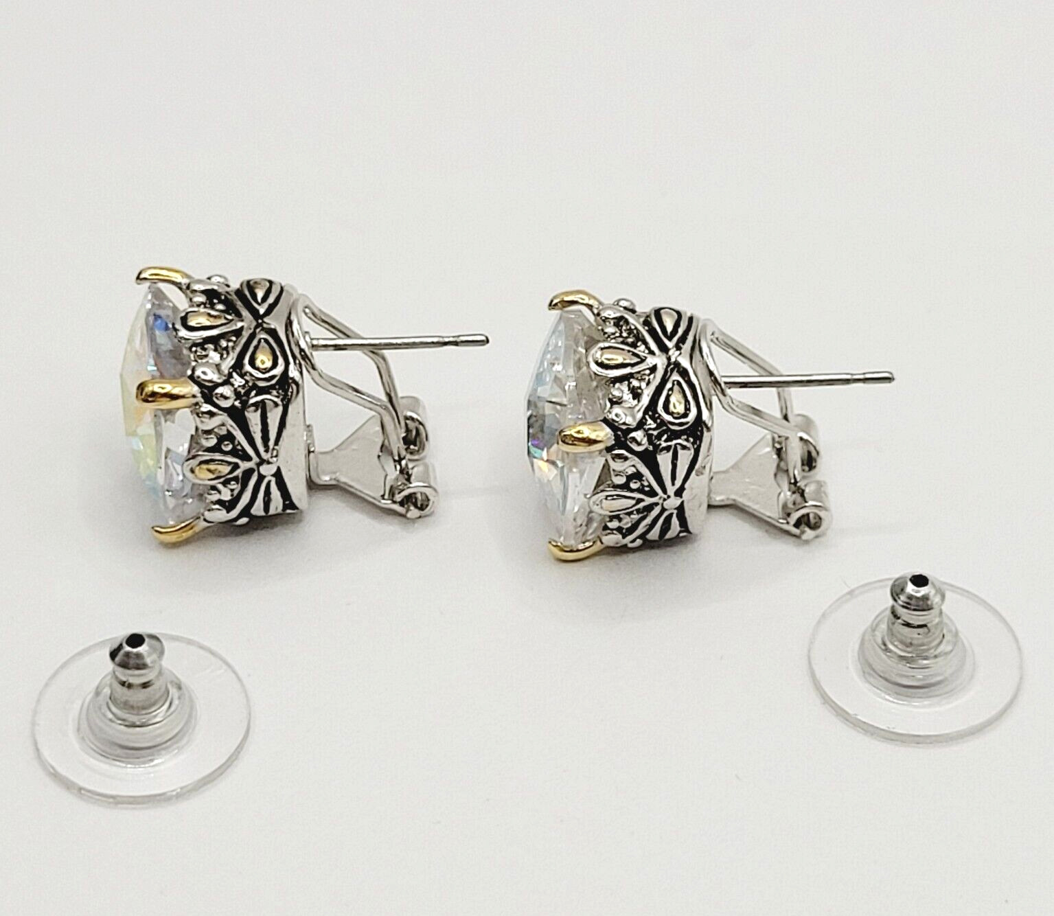 Modern Rainbow AB Crystal Square Stud Two Tone Ornate Frame Pierced Earrings