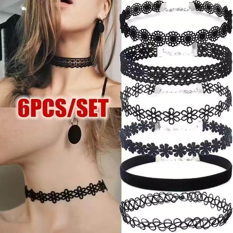6pc Choker Necklace Set Black Velvet Classic Women Chain Collar Lace Stretchy