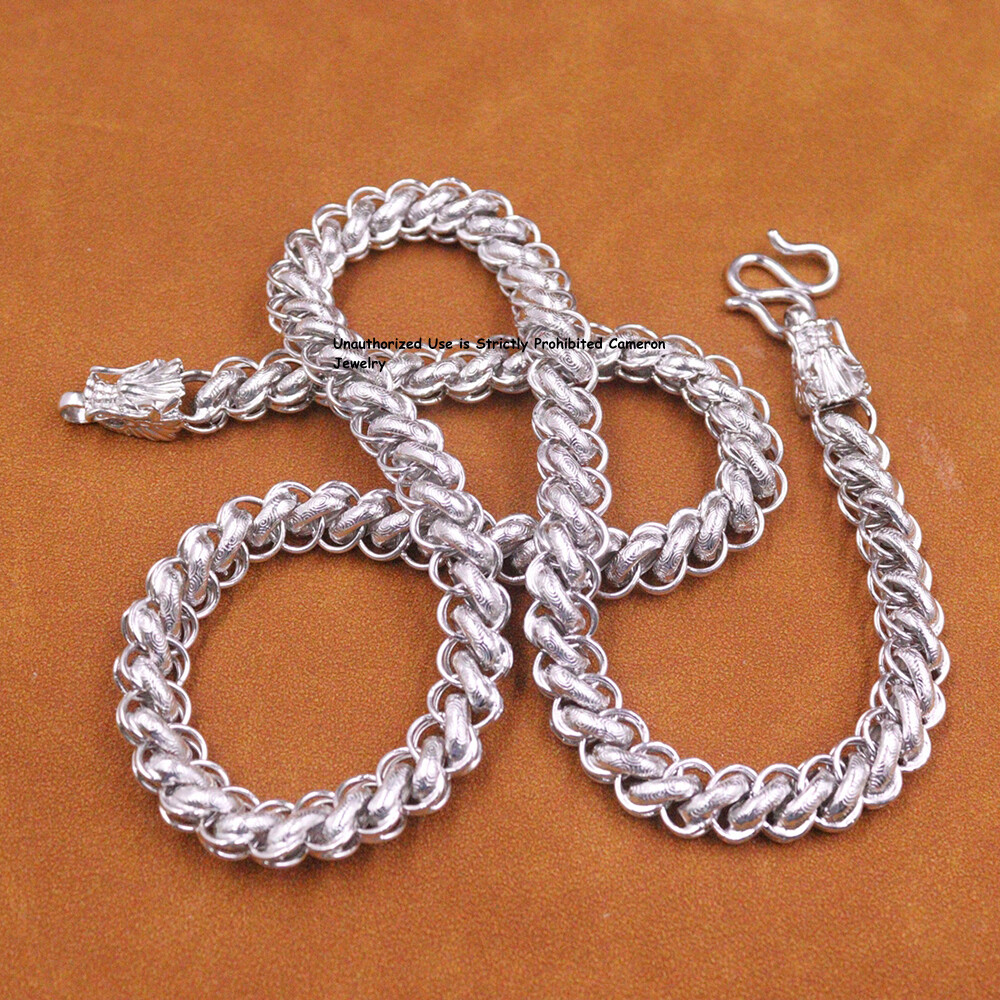 Pure S999 Fine Silver Chain Men 10.5mm Dragon Thailand Link Necklace 103g 25inch