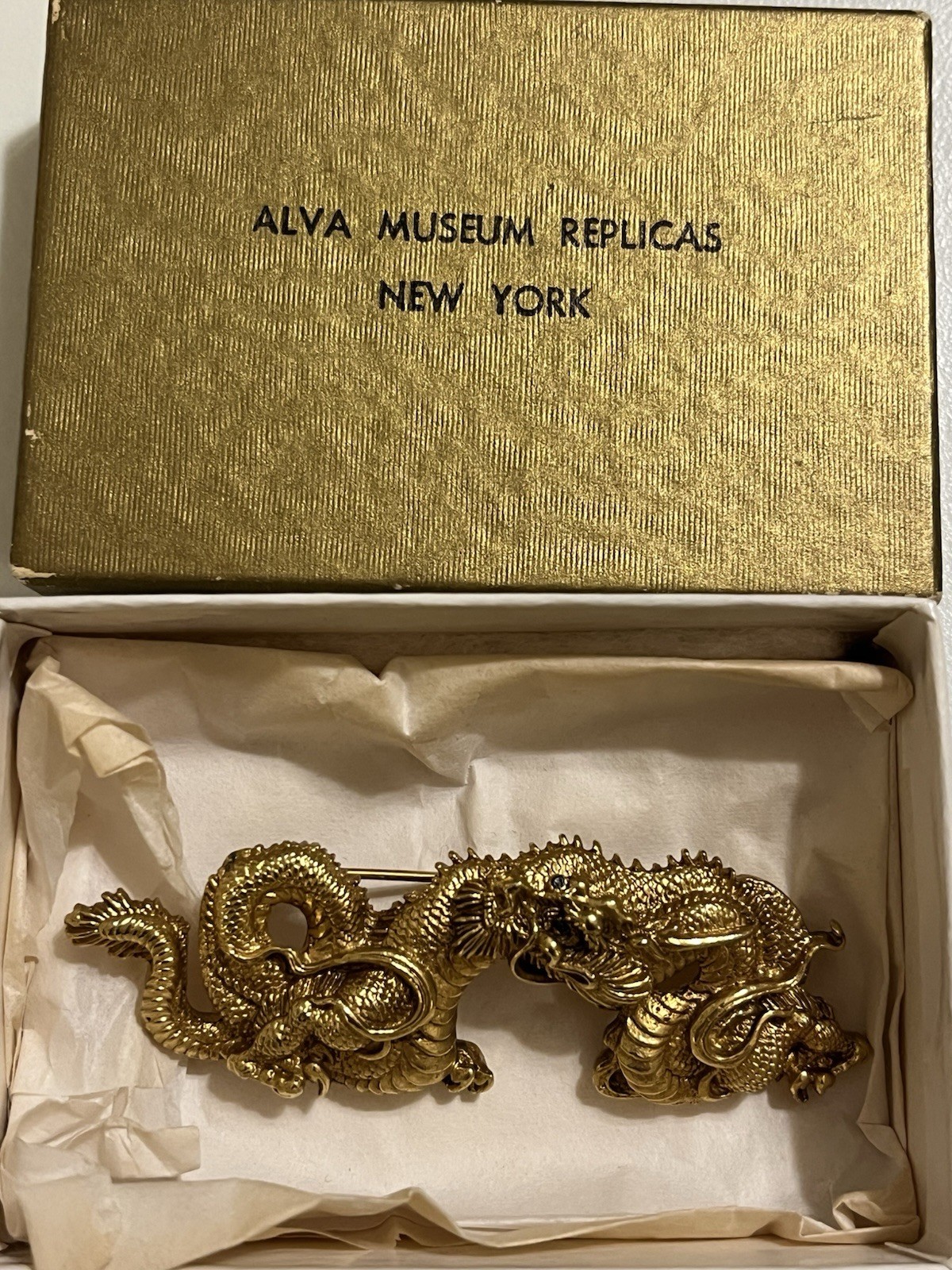 Vintage Alva Museum Replica Gold Tone Asian Menuki Dragon Brooch Pin With Box