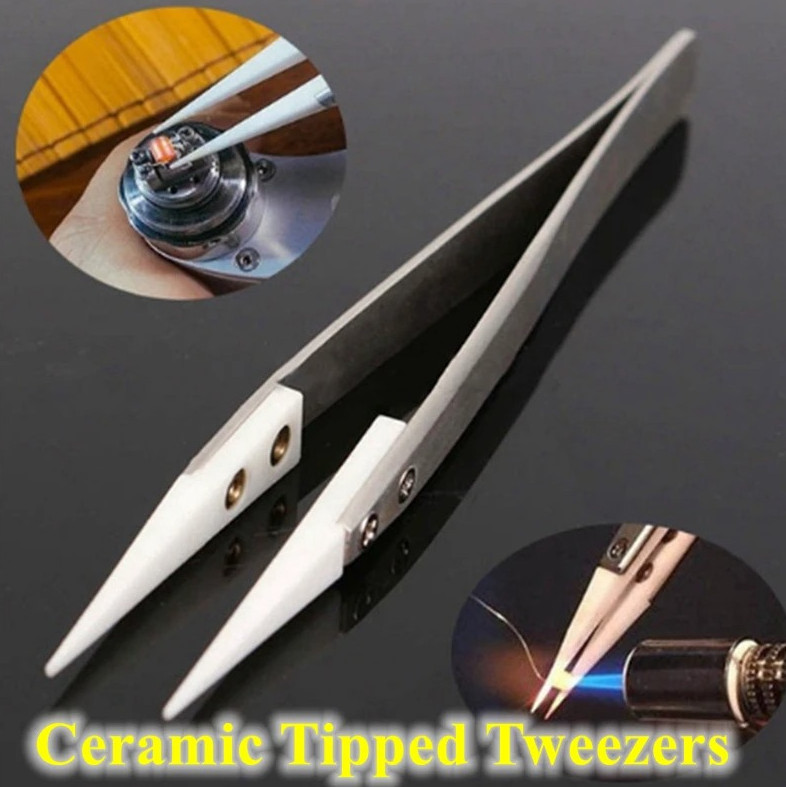 1pc Ceramic Tip Precision Tweezers Heat Resistant Stainless Steel Soldering Tool