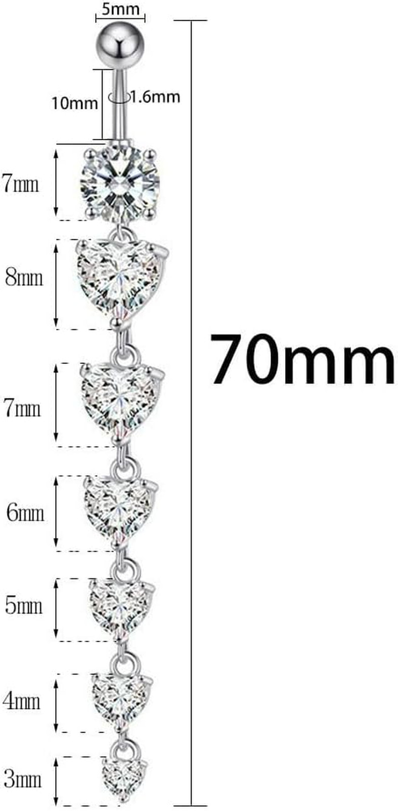 14G Long CZ Heart Dangle Belly Button Rings Sparkling Cubic Zirconia Crystal Dan