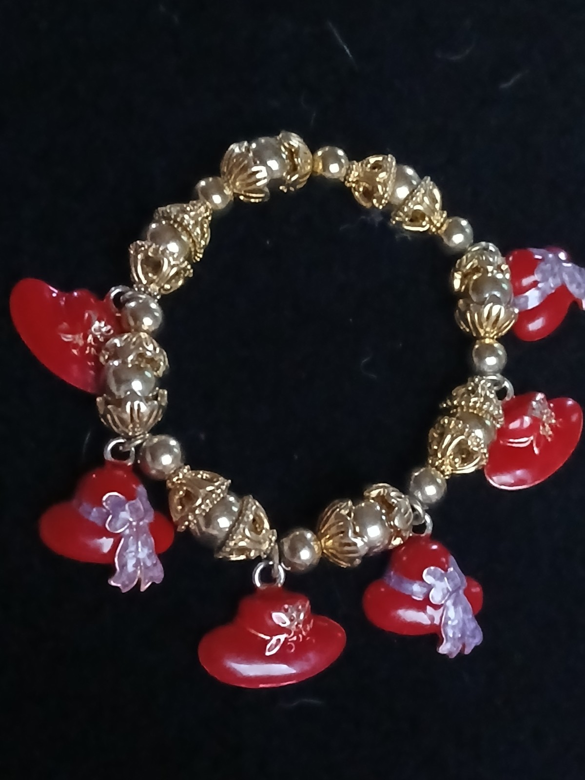 Vintage Red Hat Society Stretch Red and Silver Charm Bracelet Nice