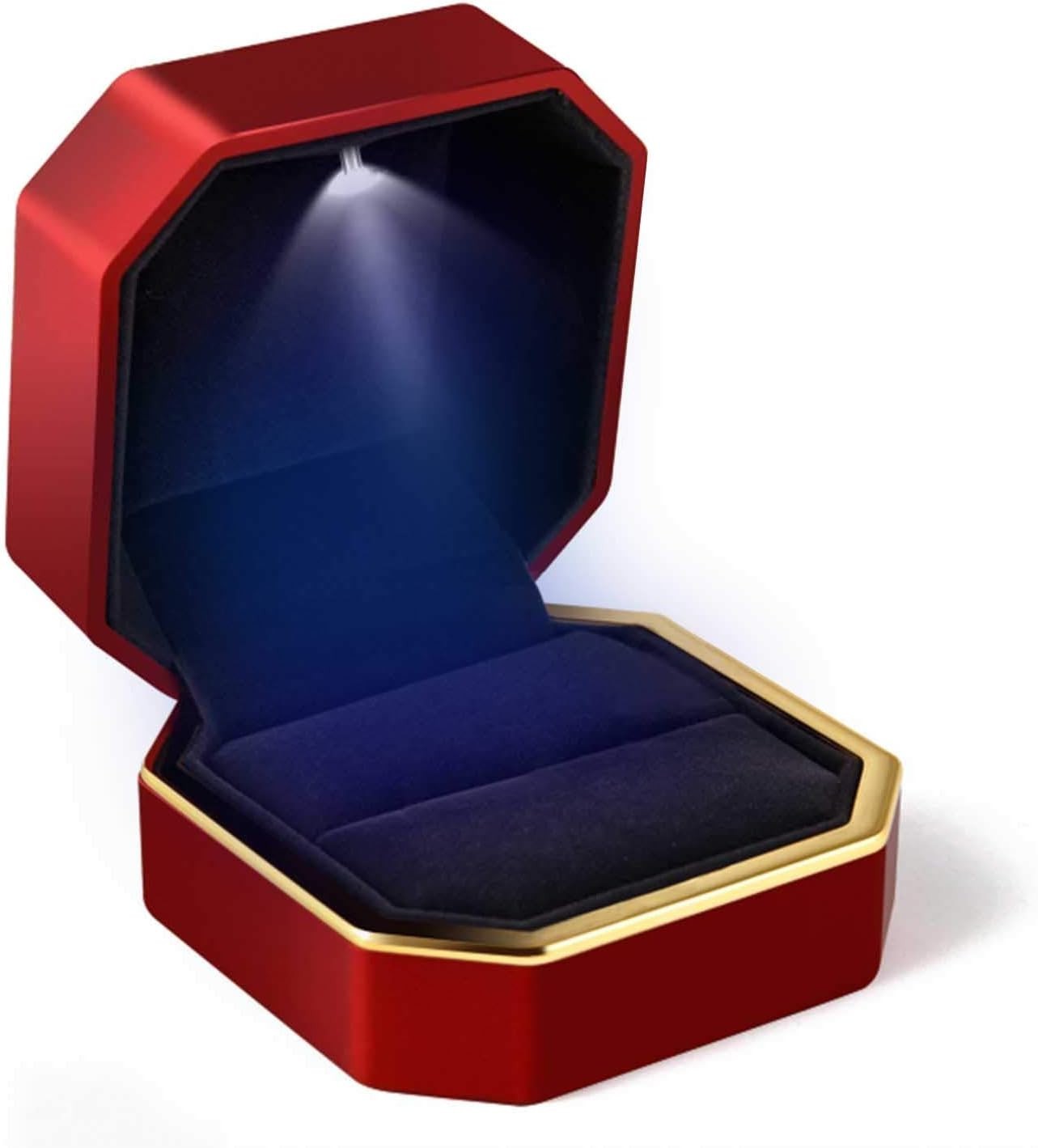 Luxurious Red Velvet Ring Box with LED Light for Engagement & Wedding Ceremonies