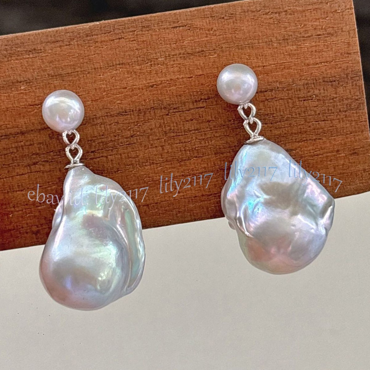 Huge Natural Silver Gray Baroque Keshi Pearl Dangle Silver Stud Earrings Jewelry