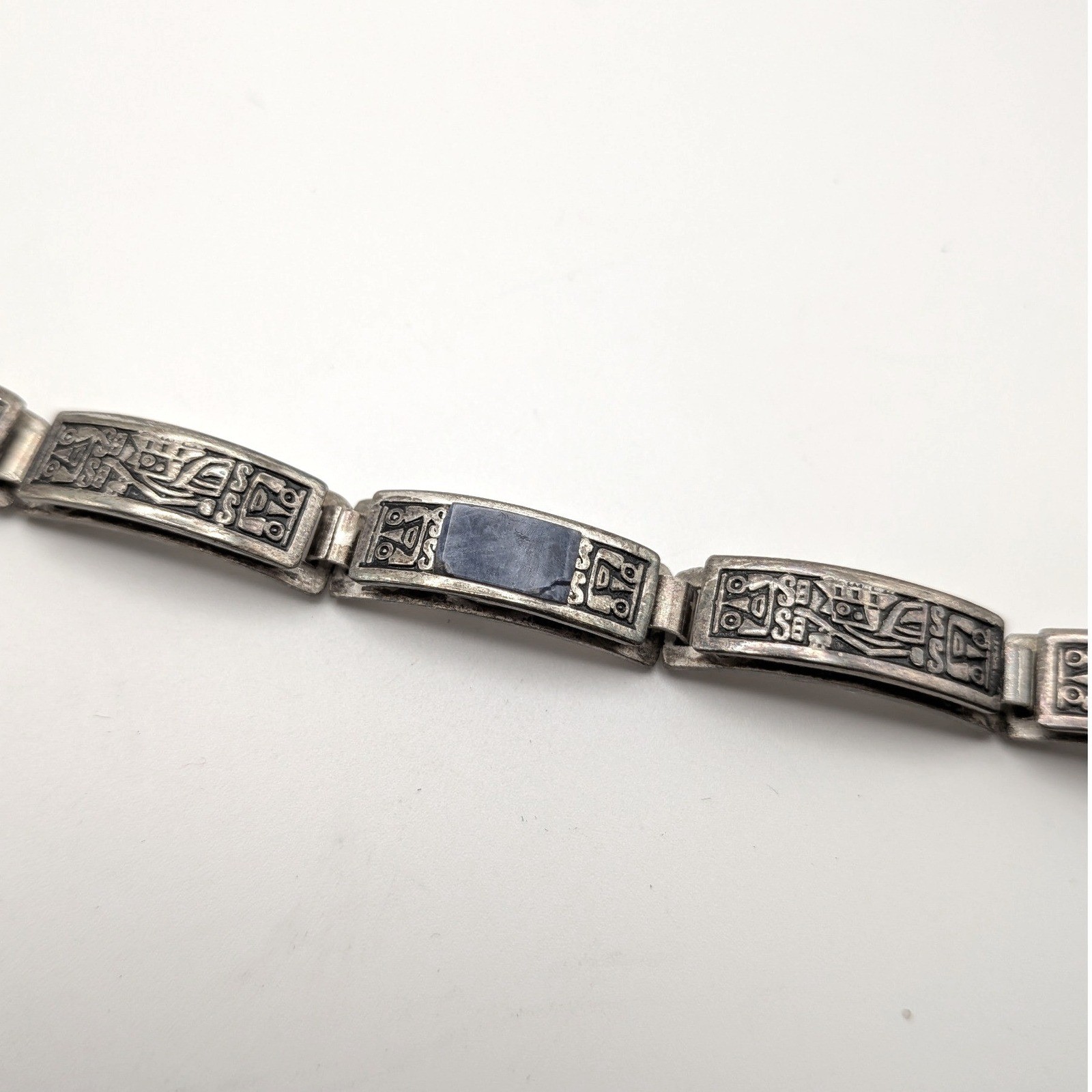 Vintage Peru 950 Silver Sodalite Link Bracelet Pre-Columbian Inca Relief 7 Inch
