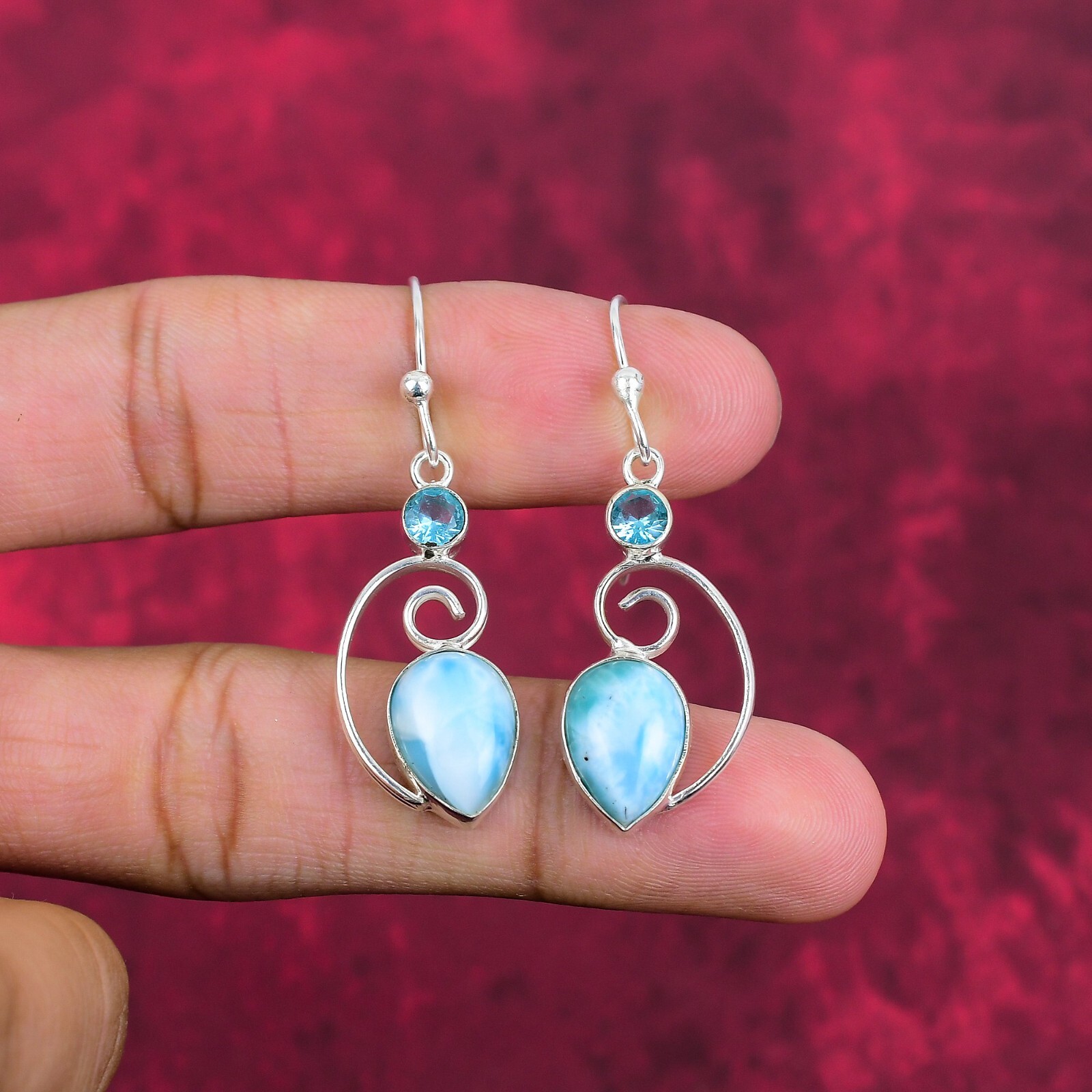Larimar, Blue Topaz Gemstone Handmade 925 Silver Earrings Jewelry