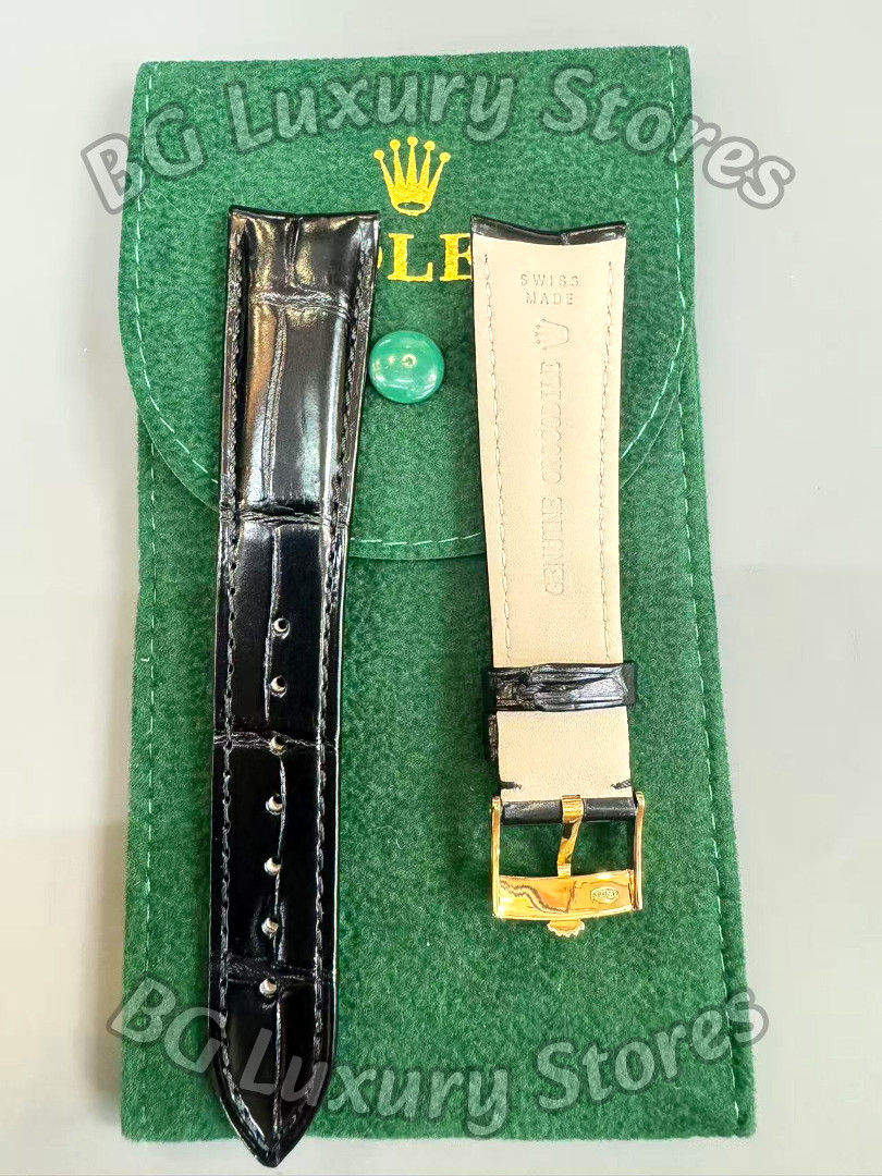 ROLEX Black Crocodile Leather Watch Strap 20-16mm Gold Buckle Vintage NOS