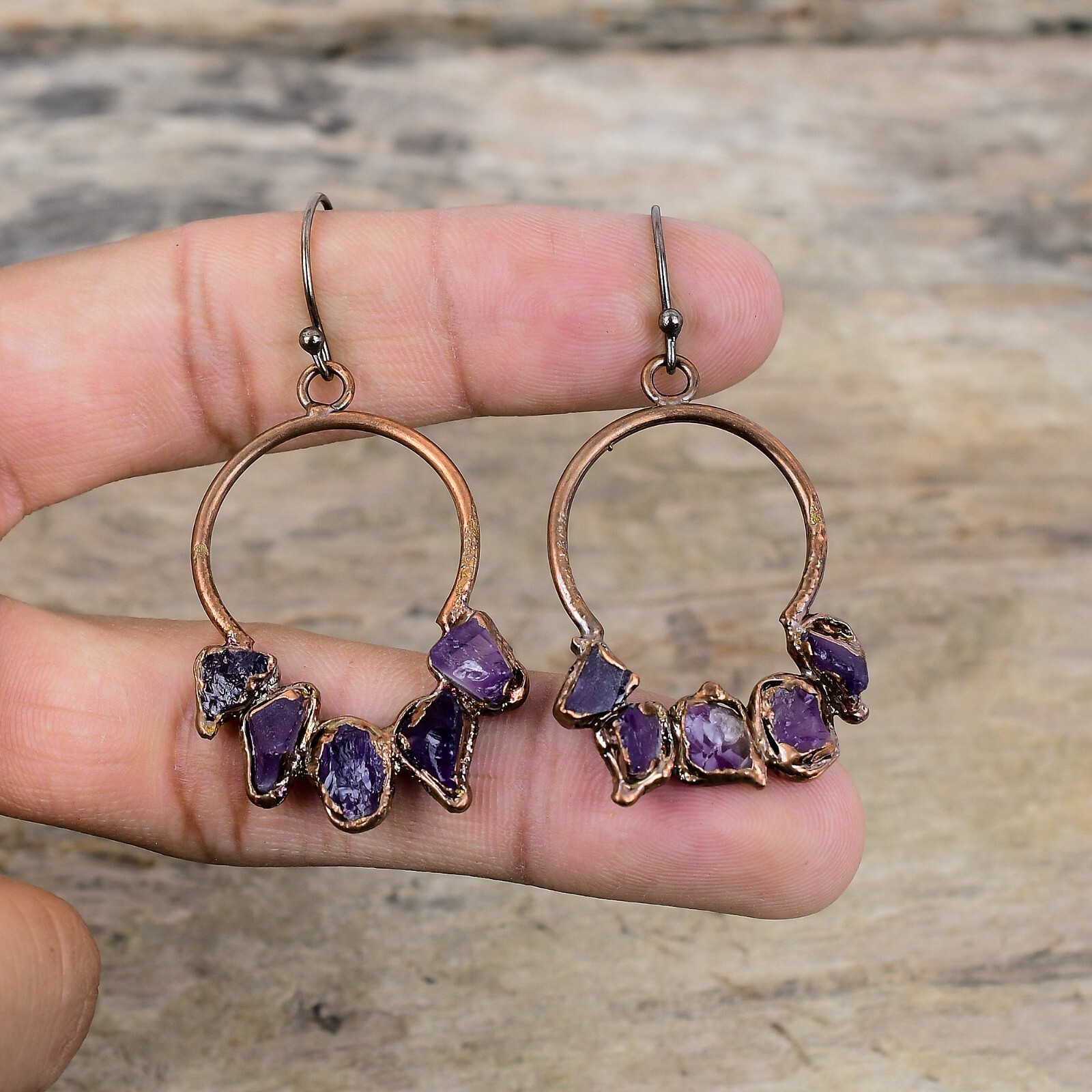 African Amethyst Rough Electroformed Earrings Handcrafted Copper Gift 2.36″