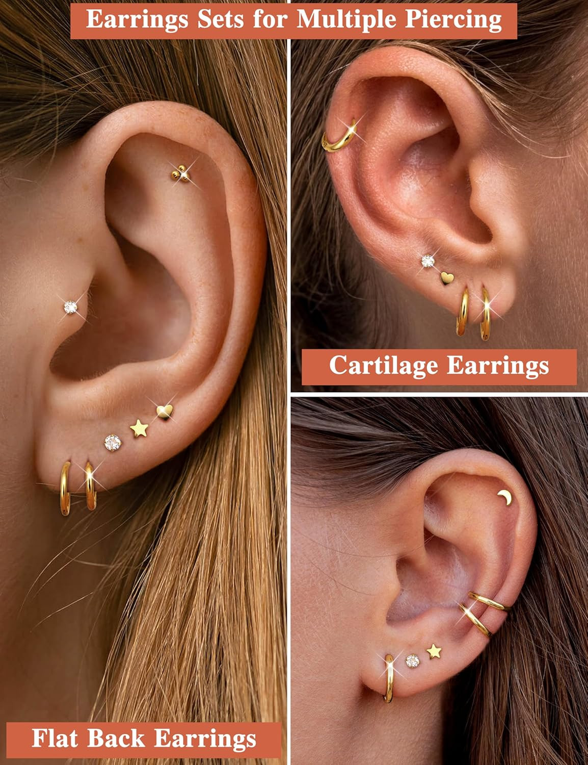 Small Hypoallergenic Flat Back Stud Earrings for Women Men 14K Gold Plated Surgi