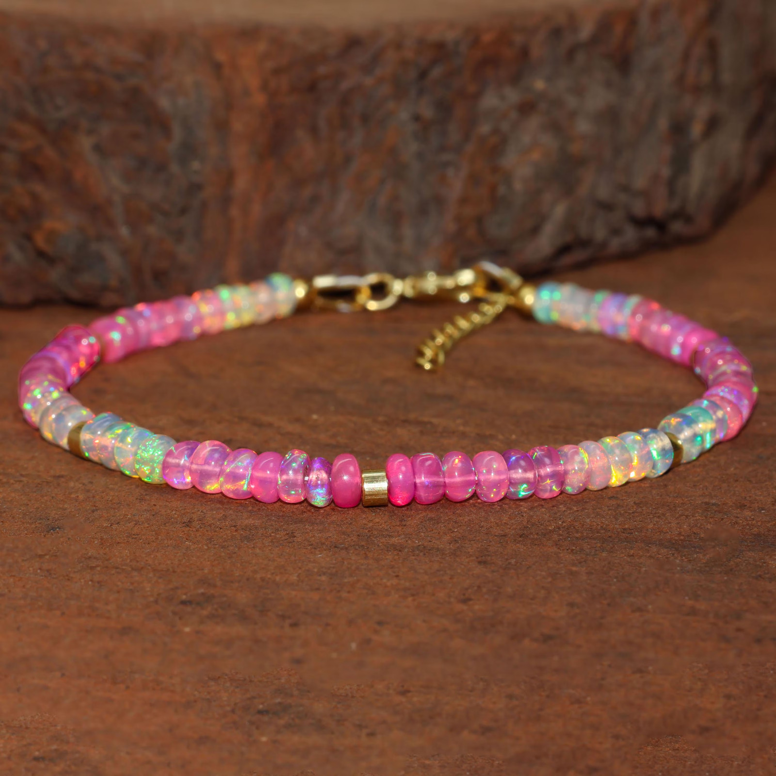 Pink Fire Opal Smooth Beads Silver Bracelet, Pink Opal Stone Gold Bracelet