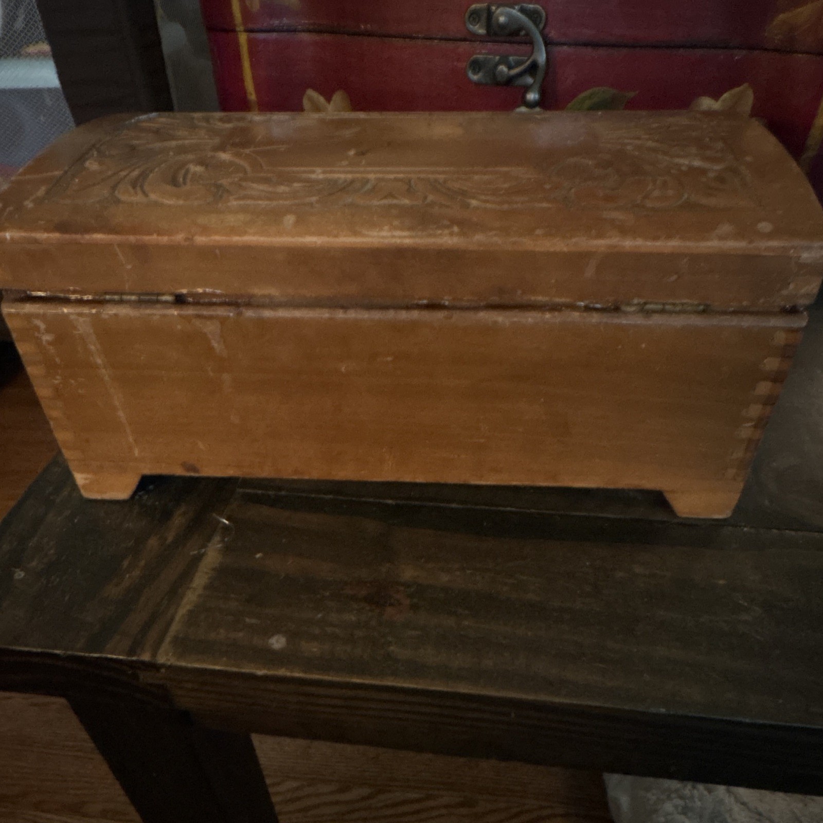 Wood Jewelry Box w/ Drawer, Red Interior, 2 Compartments Rectangle for Rings