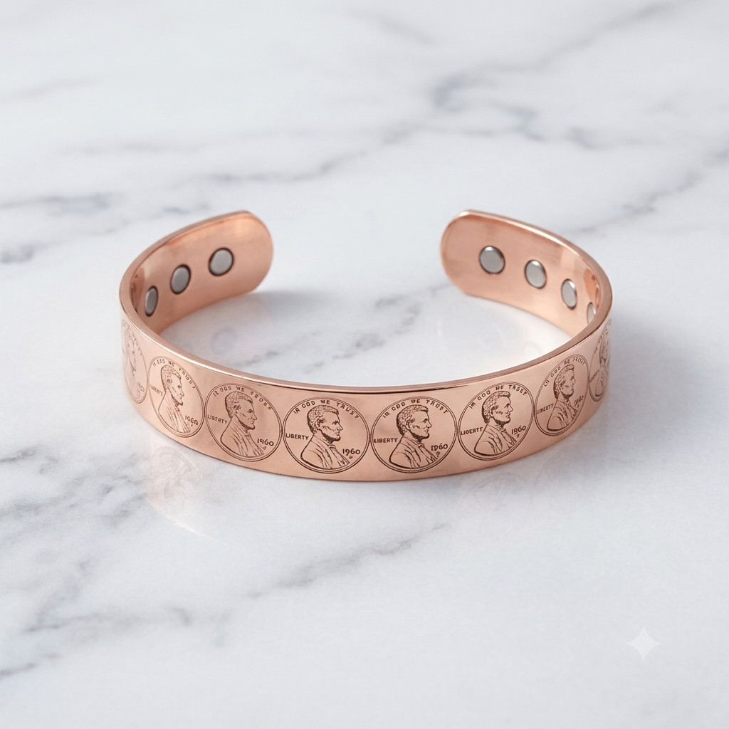 Lincoln Penny Design Solid Copper Magnetic Bracelet Arthritis Pain Therapy Cuff