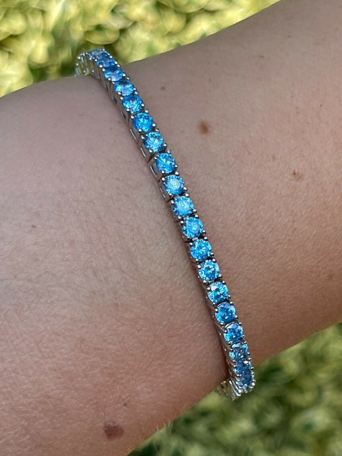 3mm Tennis Bracelet Real 925 Sterling Silver Simulated Aquamarine Blue CZ