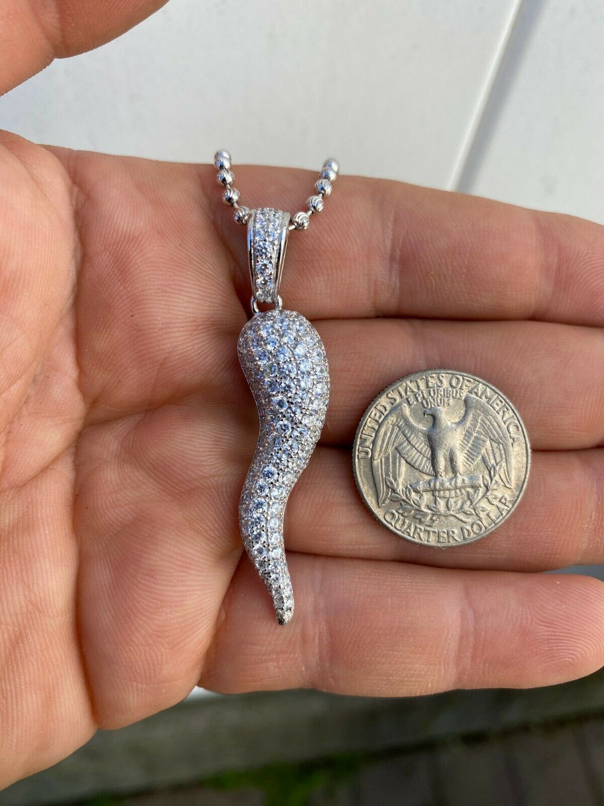 Real 925 Silver/14k Gold Plated Cornicello Italian Horn Pendant Necklace Iced CZ