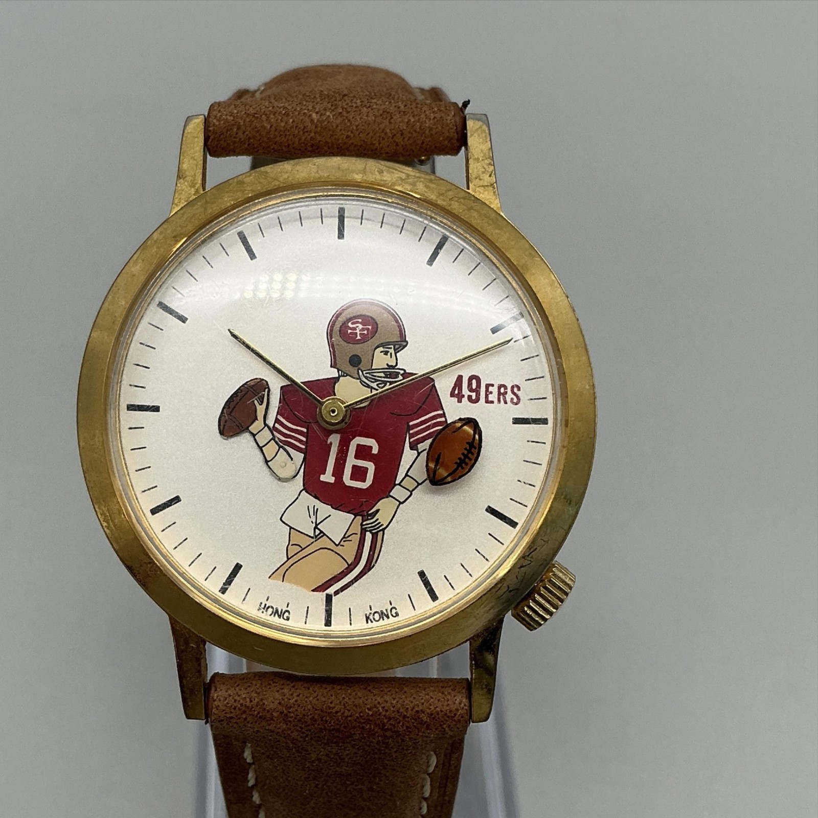 Vintage 49ers Football Mens Watch 35mm Joe Montana 16# Gold Tone Leather Manual