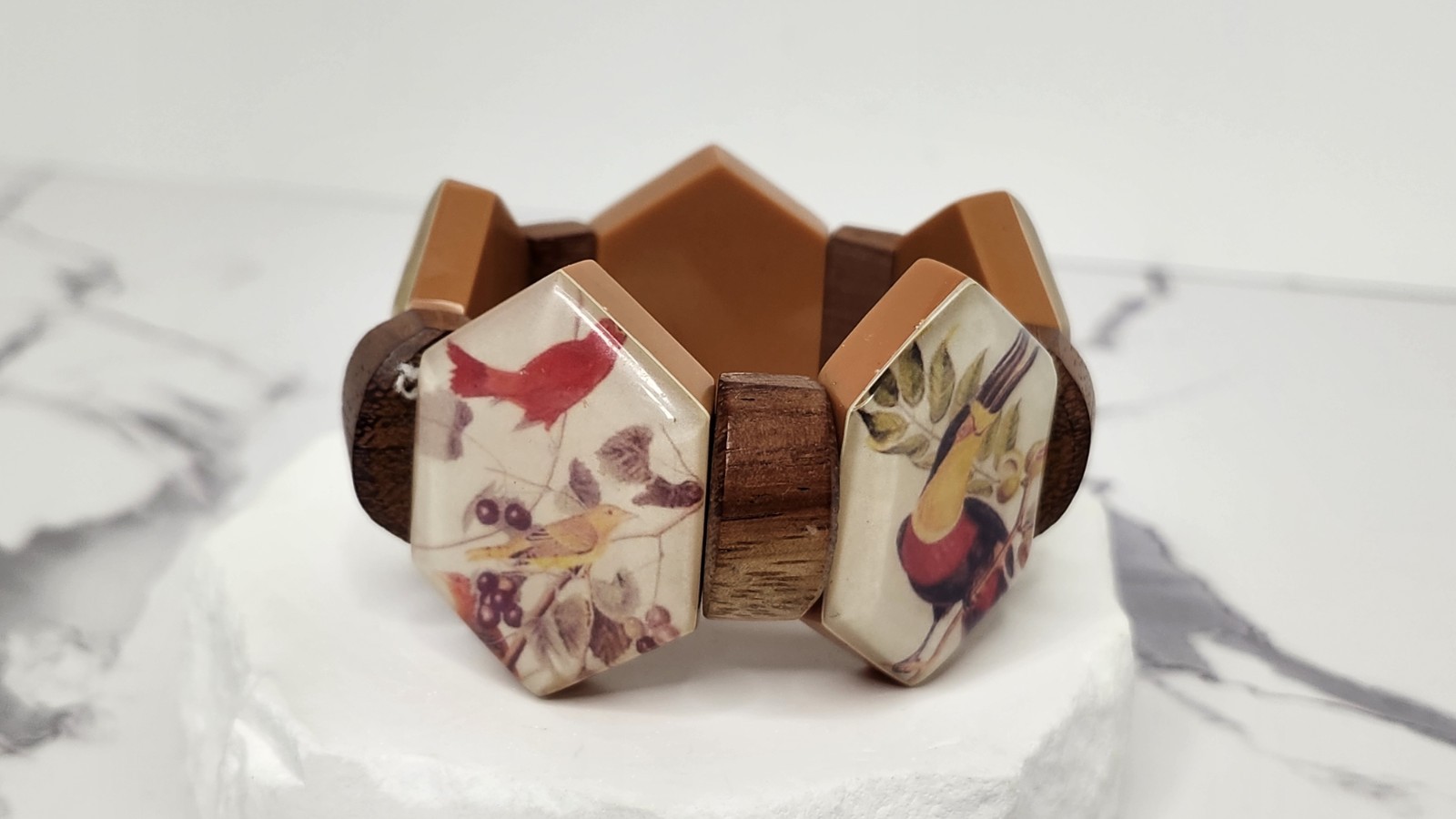 Boho Tropical Wooden Hexagon Tile Bracelet Acrylic Resin Bird Print Statement