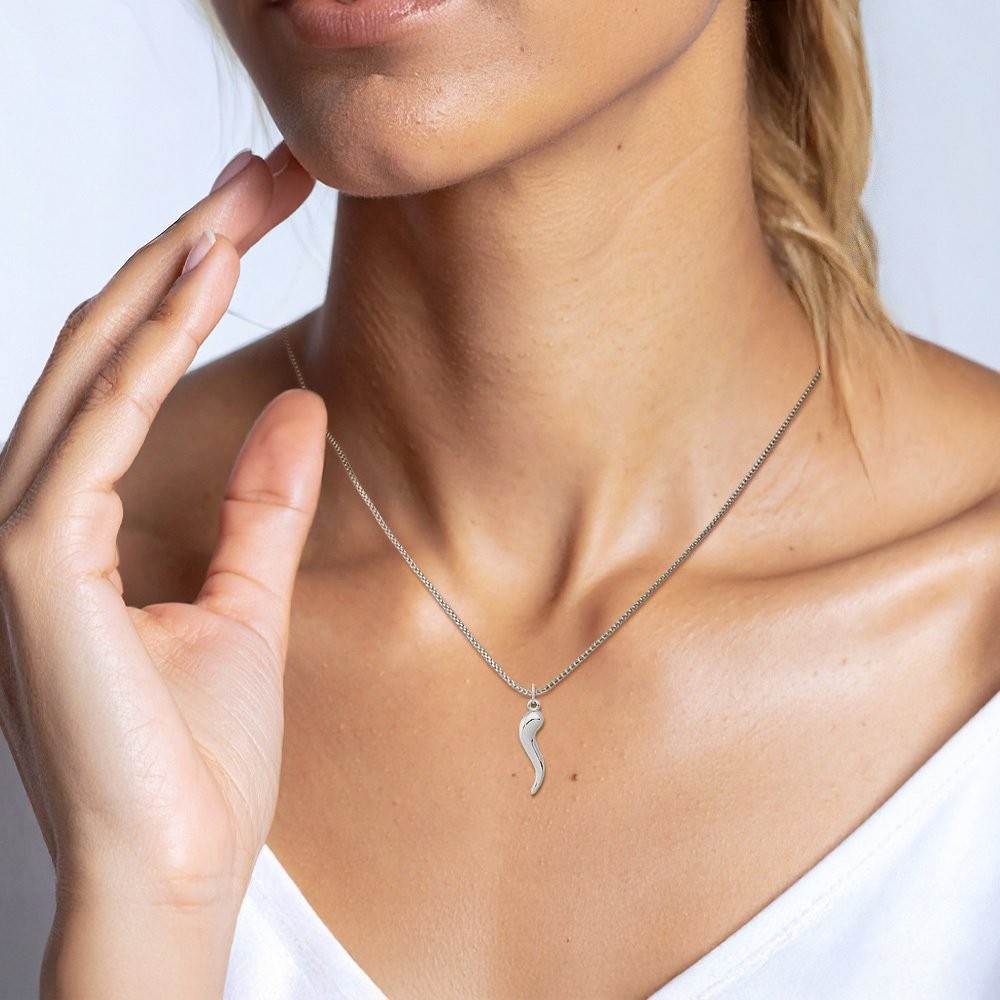 14K Solid White Gold Large Cornicello Italian Horn Pendant Necklace 26.91mm