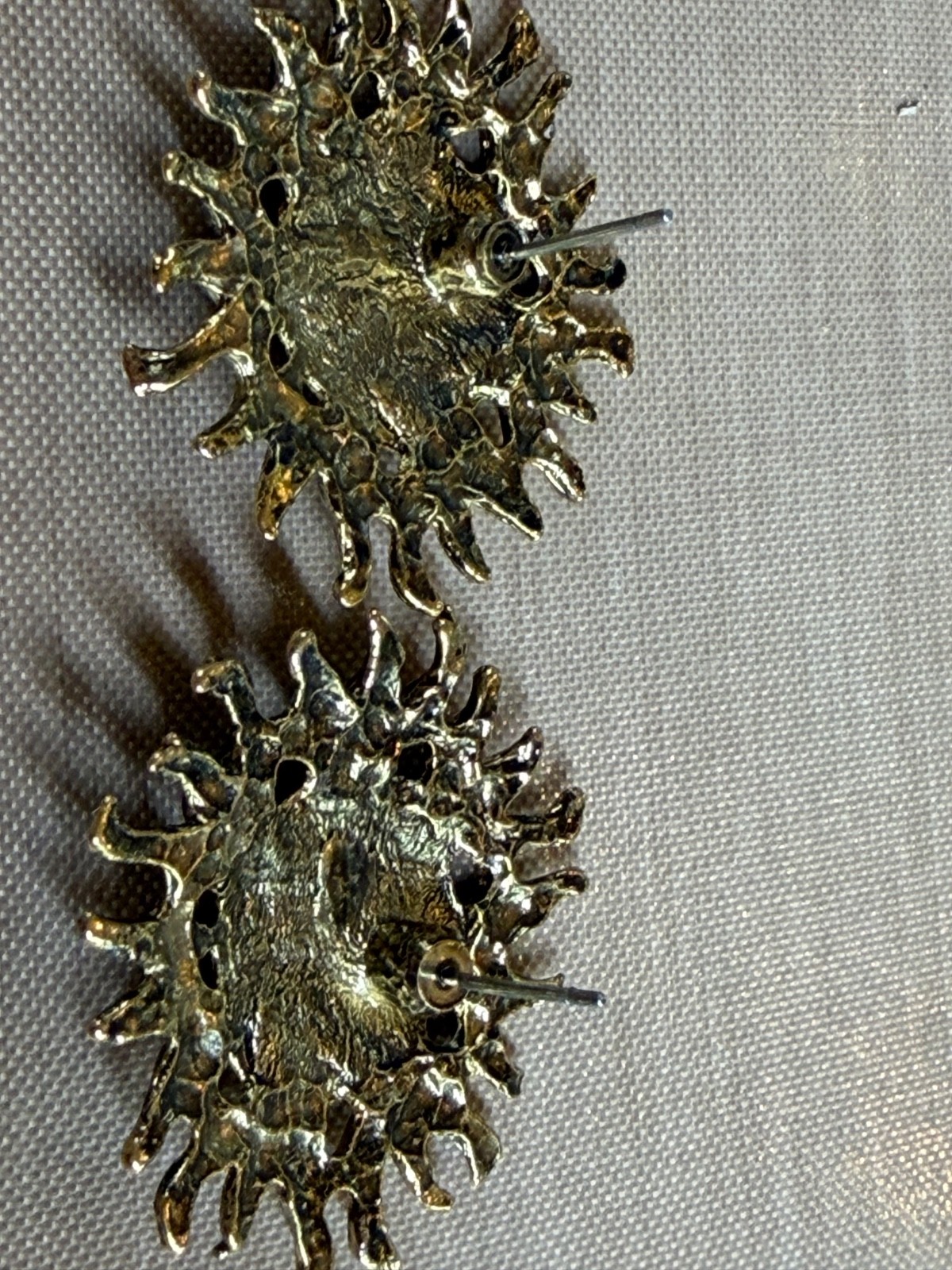 Vintage Brass Celestial Sun Face Post Earrings 31mm NOS Bright Gold 1 Pair Jewel
