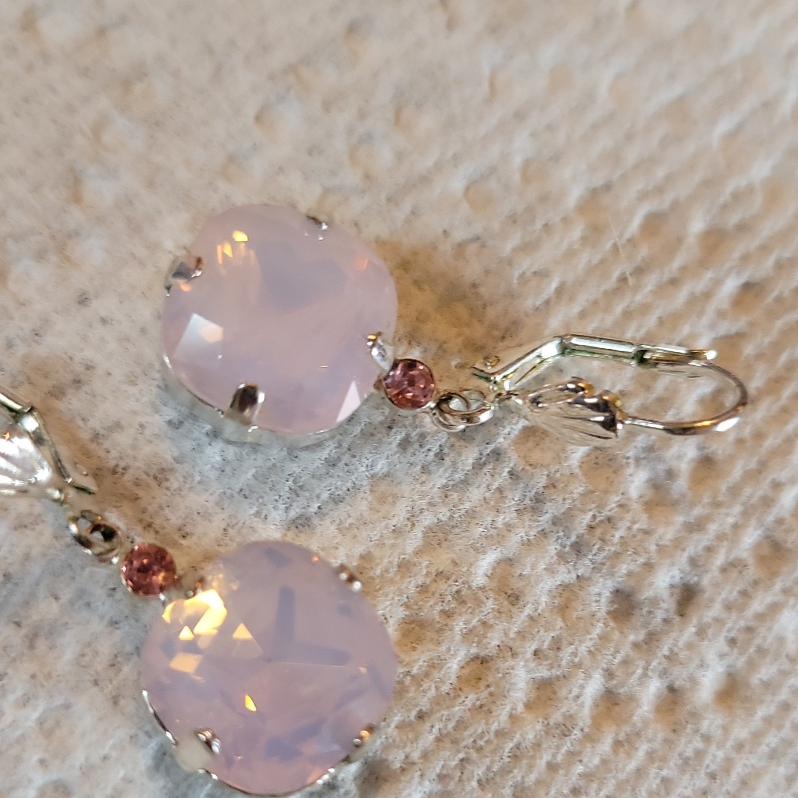 Pink Round Crystal Prong Set Leverback Dangle Drop Earrings Silver Tone