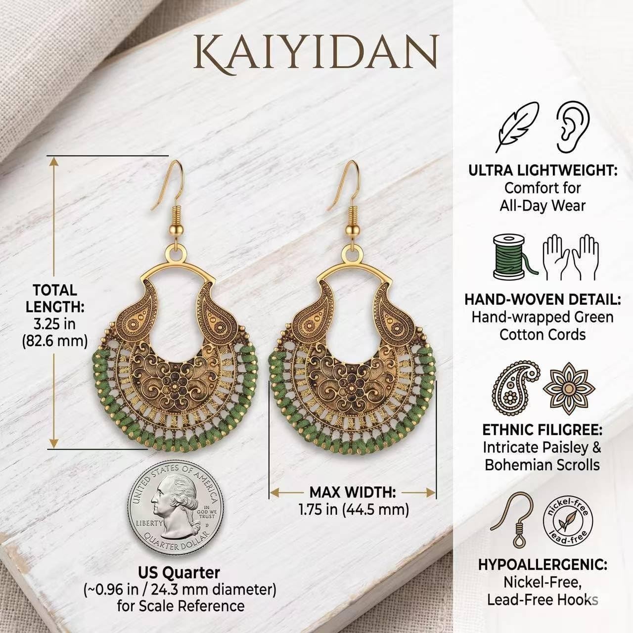 Boho Vintage Dangle Earrings: Handwoven Green Bronze for Everyday Elegance