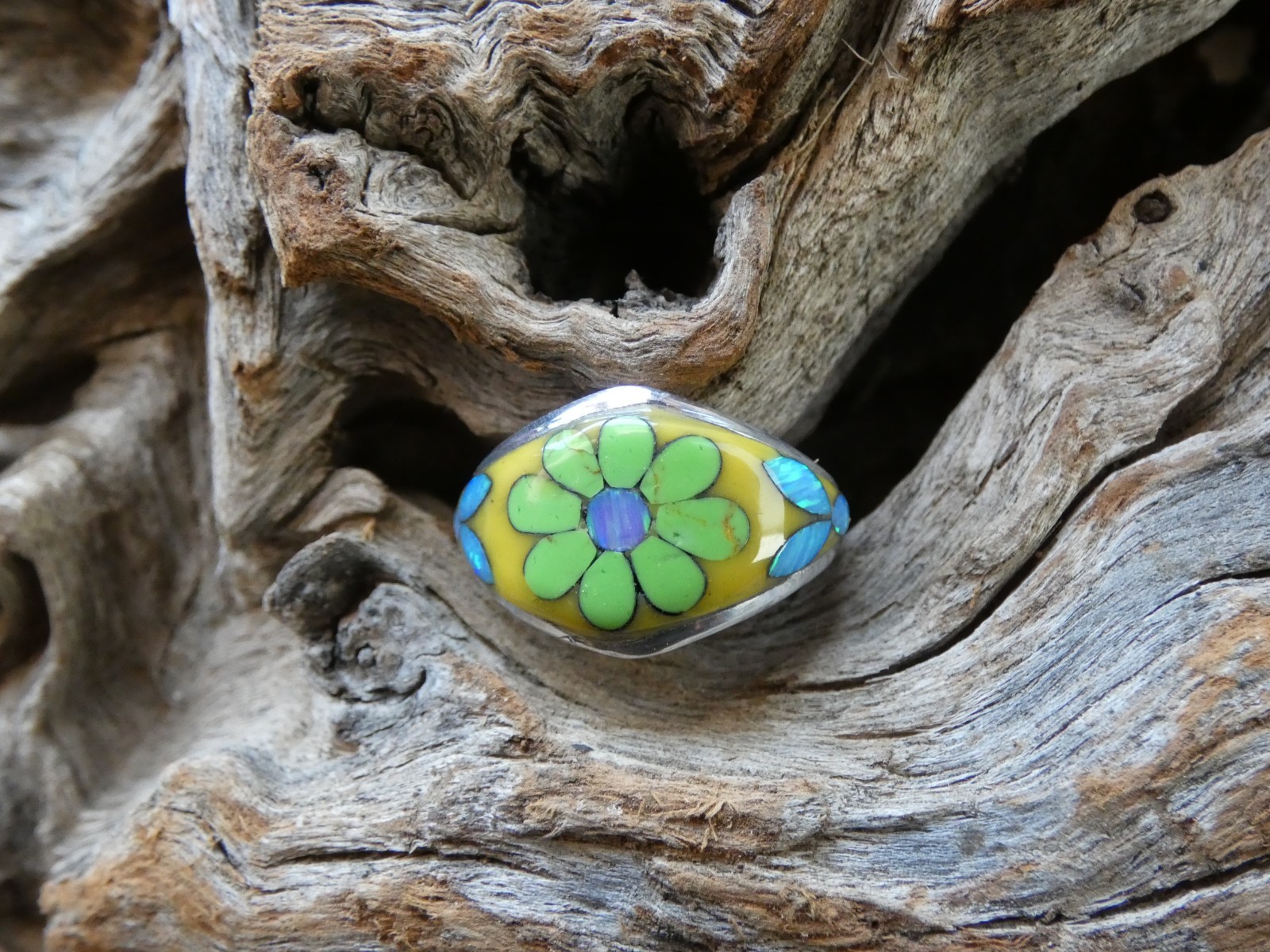 Gaspeite Flower Gemstone Opal Aluminum Sterling Silver Alloy Size 10 Ring AS73