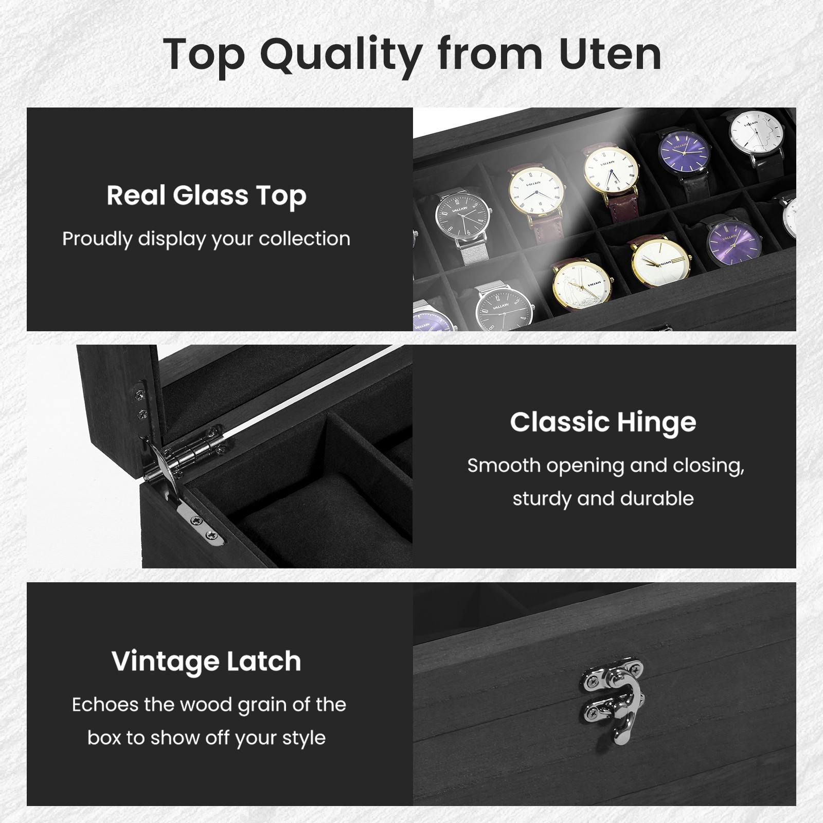12 Slots Watch Box Organizer Solid Wood Glass Lid Watch Case Jewelry Display Box