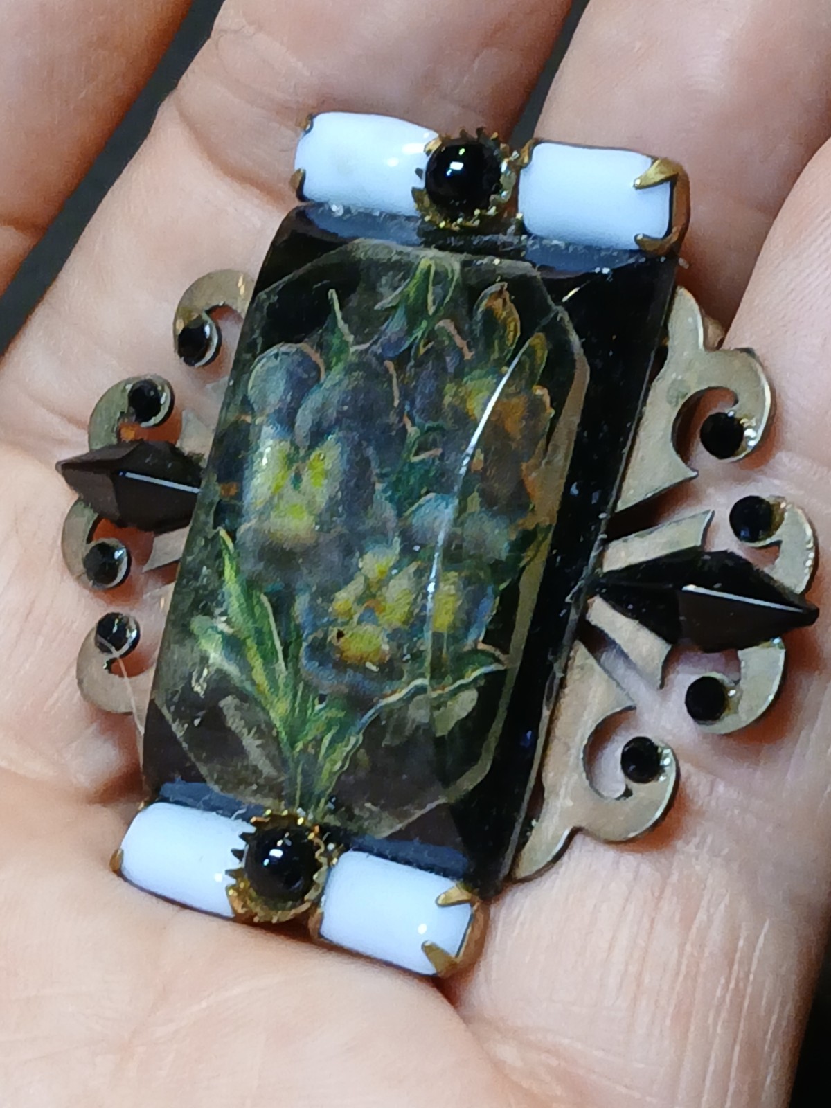 Craft Show Wear Art Brooch Flowers Encased In Lucite Black Rhinestone Copper Pin