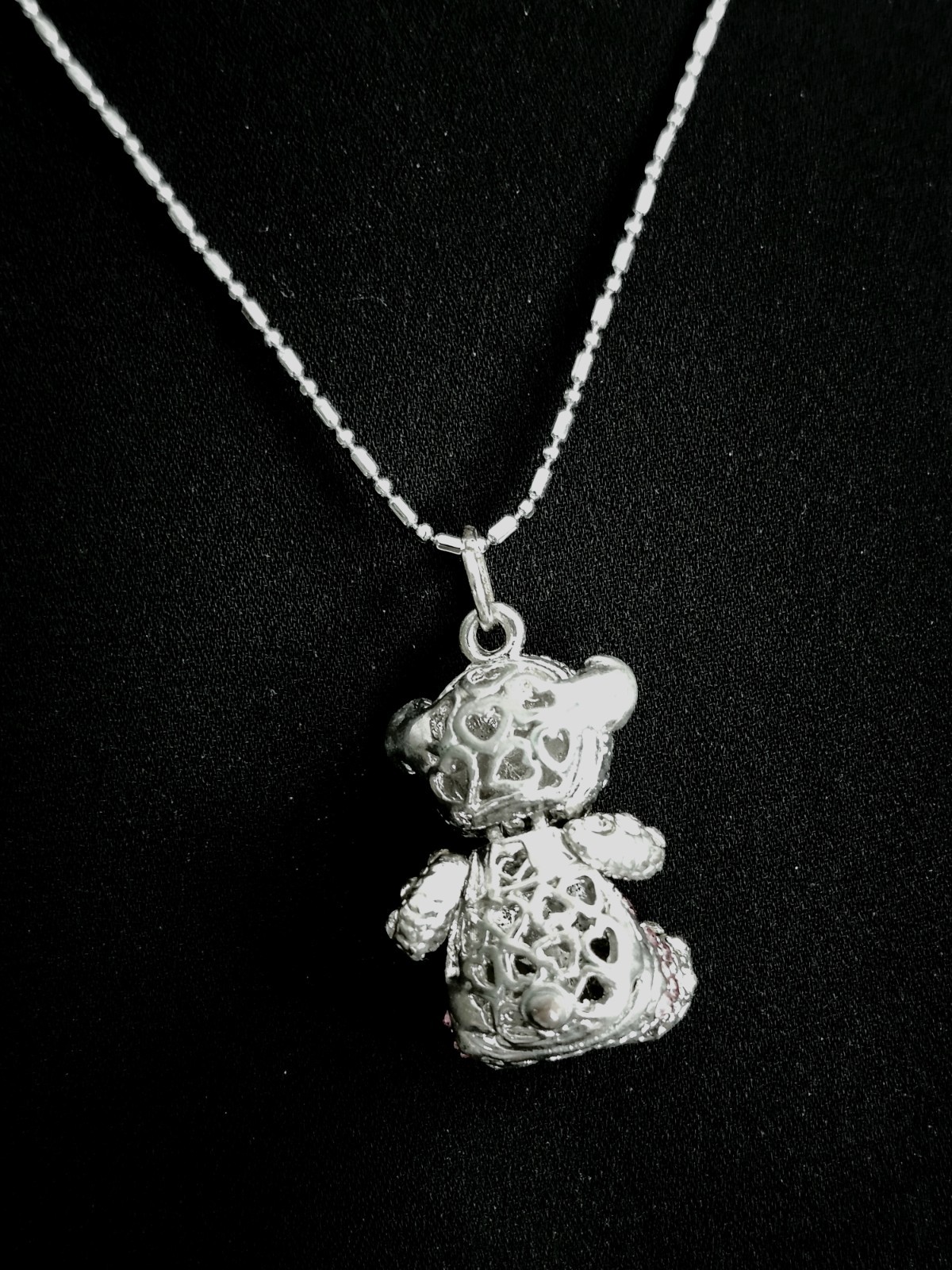 Silver Toned Teddy Bear Chrystal Pendant Necklace With Moving Head Pink White S