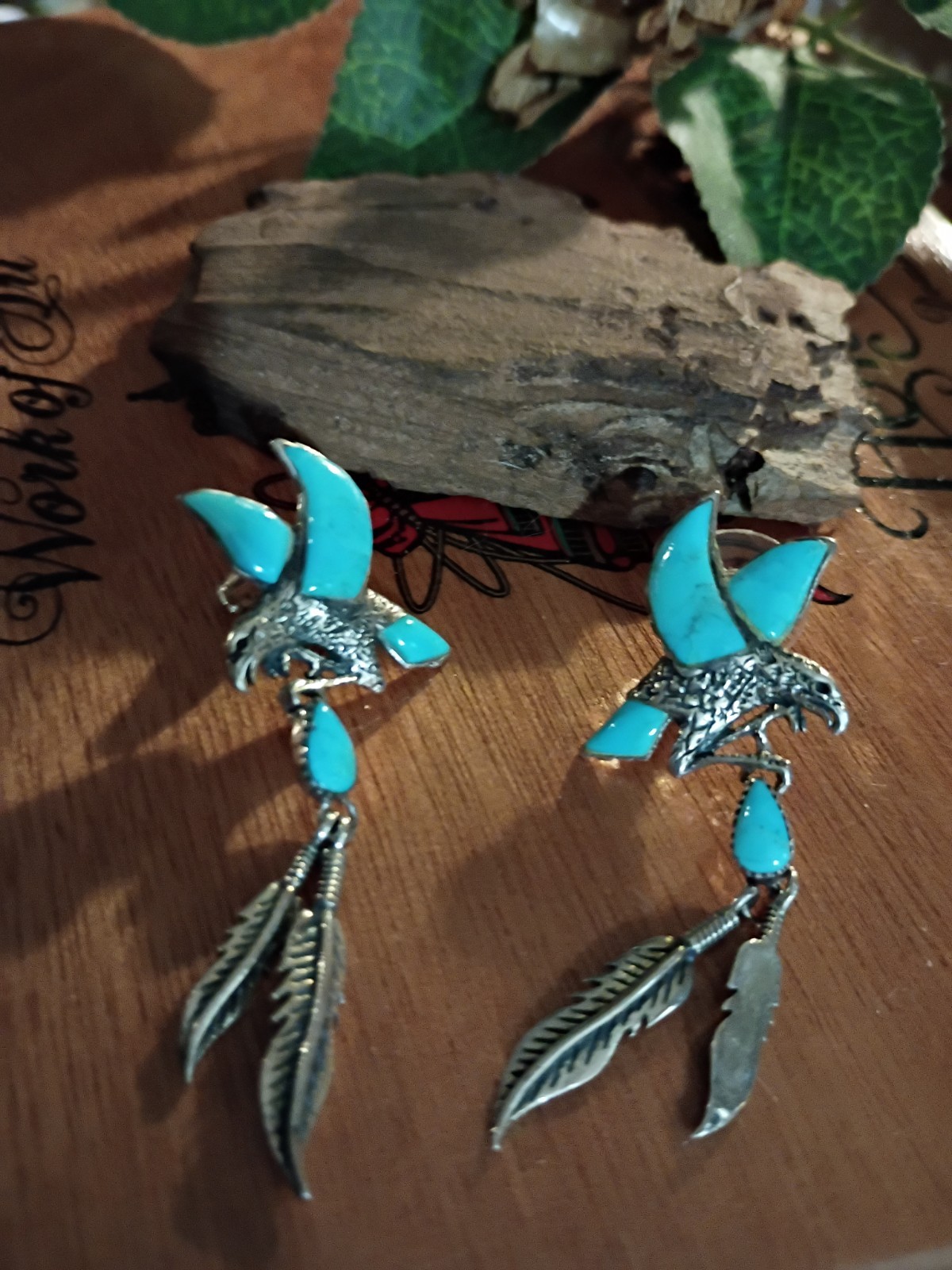Turquoise Eagle Dangle Earrings with Feathers 925 Silver-Marked Philippines