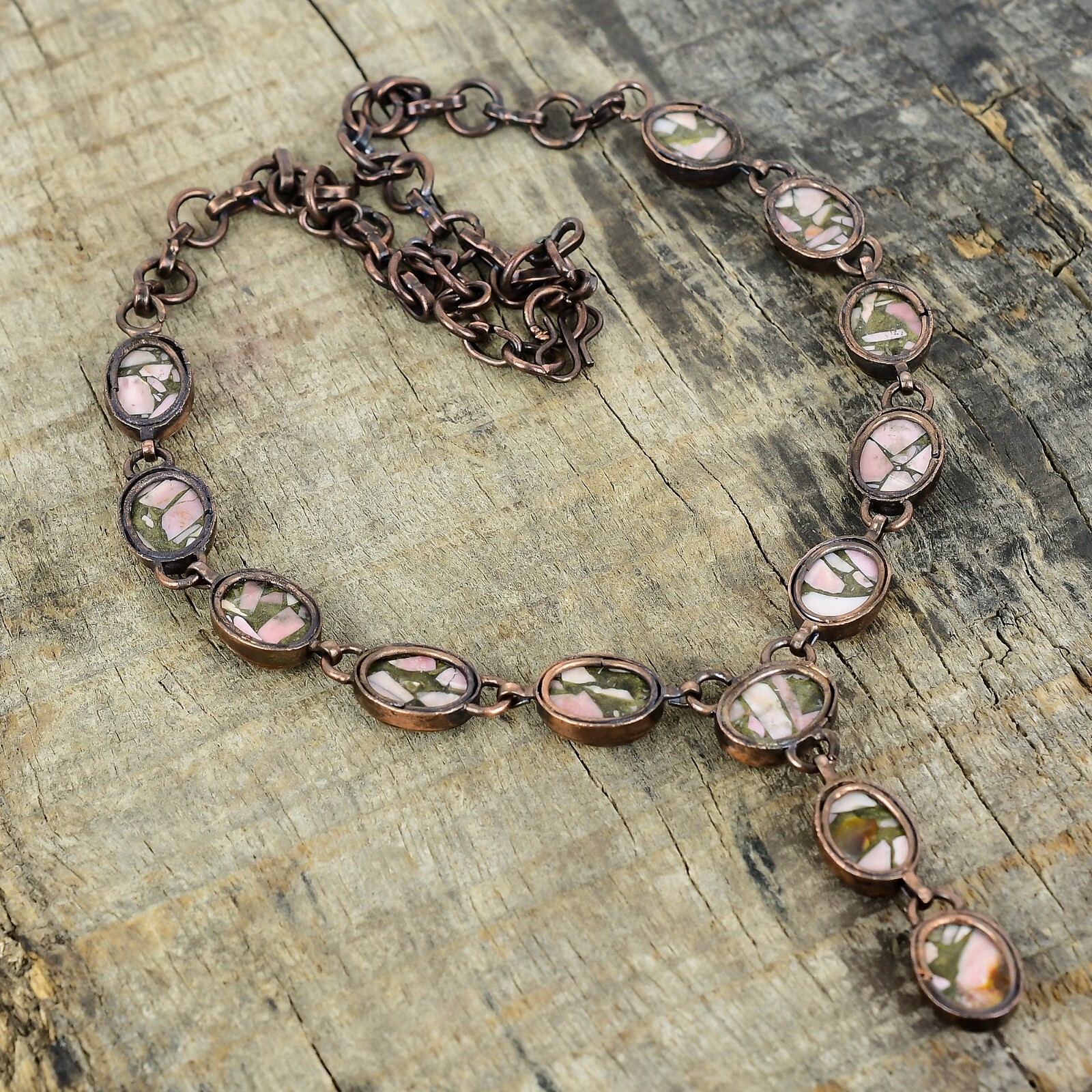 Oval Copper Pink Opal Gemstone Chain Electroformed Wife Necklace Jewelry Copper