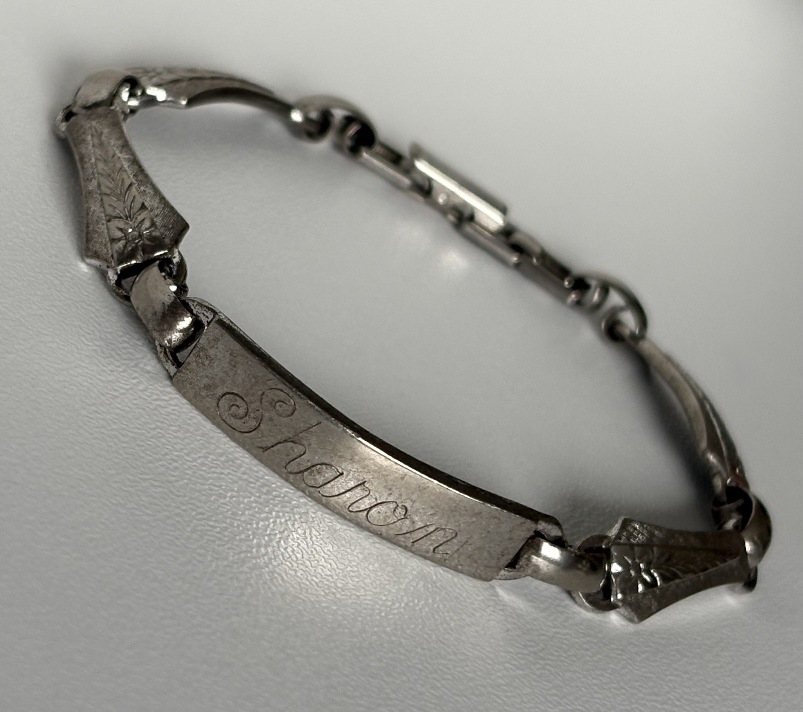 LA MODE Sterling Silver ID Bracelet 7” Floral Vintage Etched SHAROIN 13.58 Grams