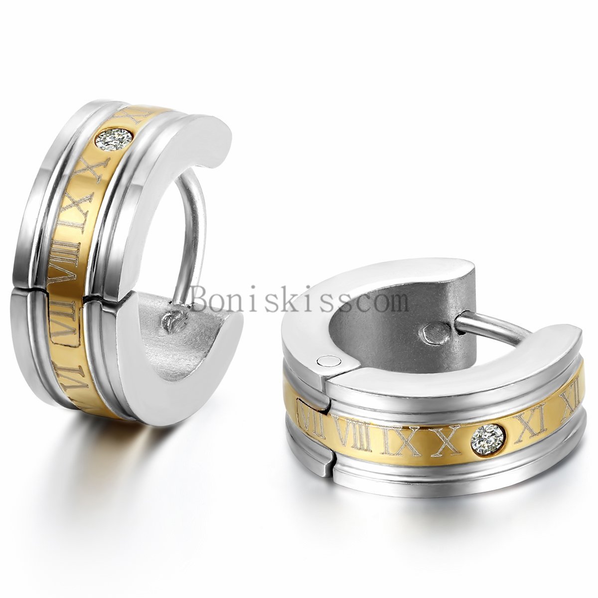 2Pcs Roman Numerals Engraved Stainless Steel Men’s Hinged Hoop Snap on Earrings