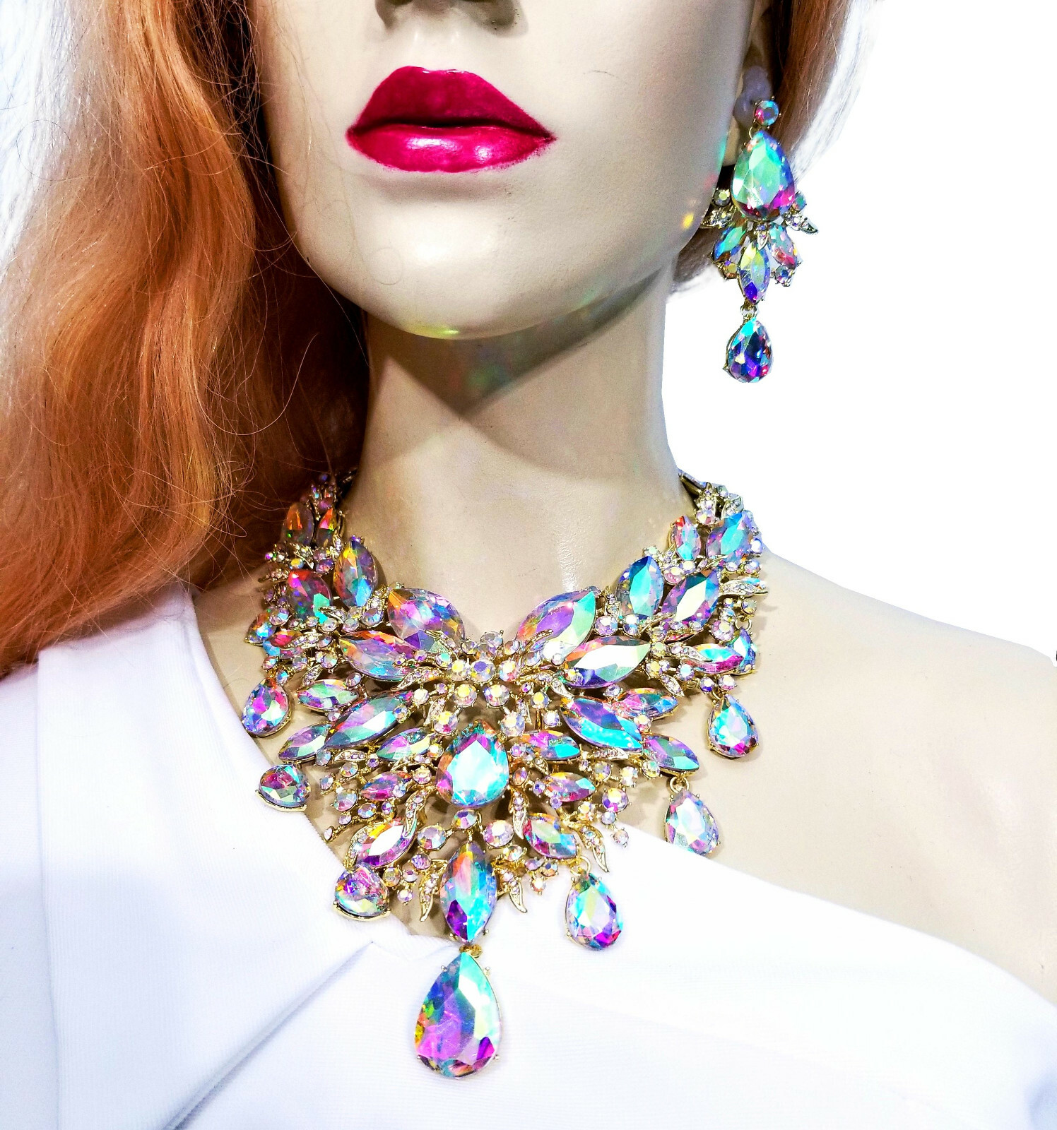 Breastshield Bib Necklace Earring Set Rhinestone AB