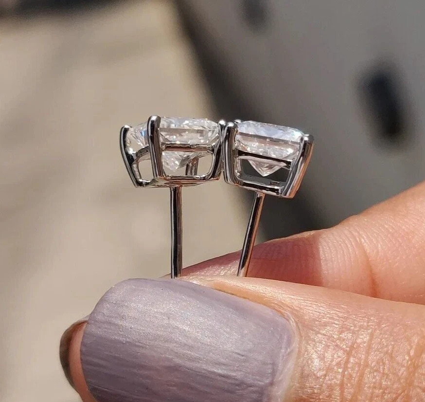 4Ct Princess Cut White Diamond Solitaire Studs-Great Shine! Ideal Gift