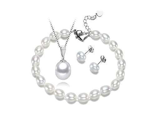 White Freshwater Pearl Bracelet Pendant and Earrings Set with Heart Silver Clasp